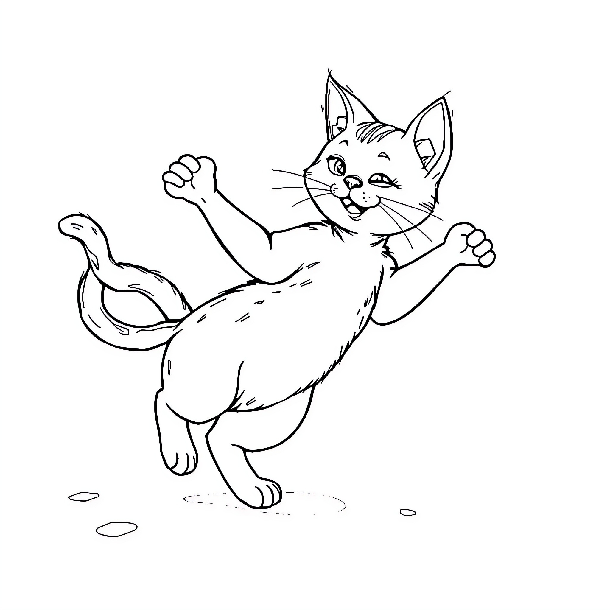 Cat playing energetically in an animated style Coloring Page (free black-and-white line drawing printable PDF for all, from beginners to advanced learners, including children, teens, adults, and seniors)