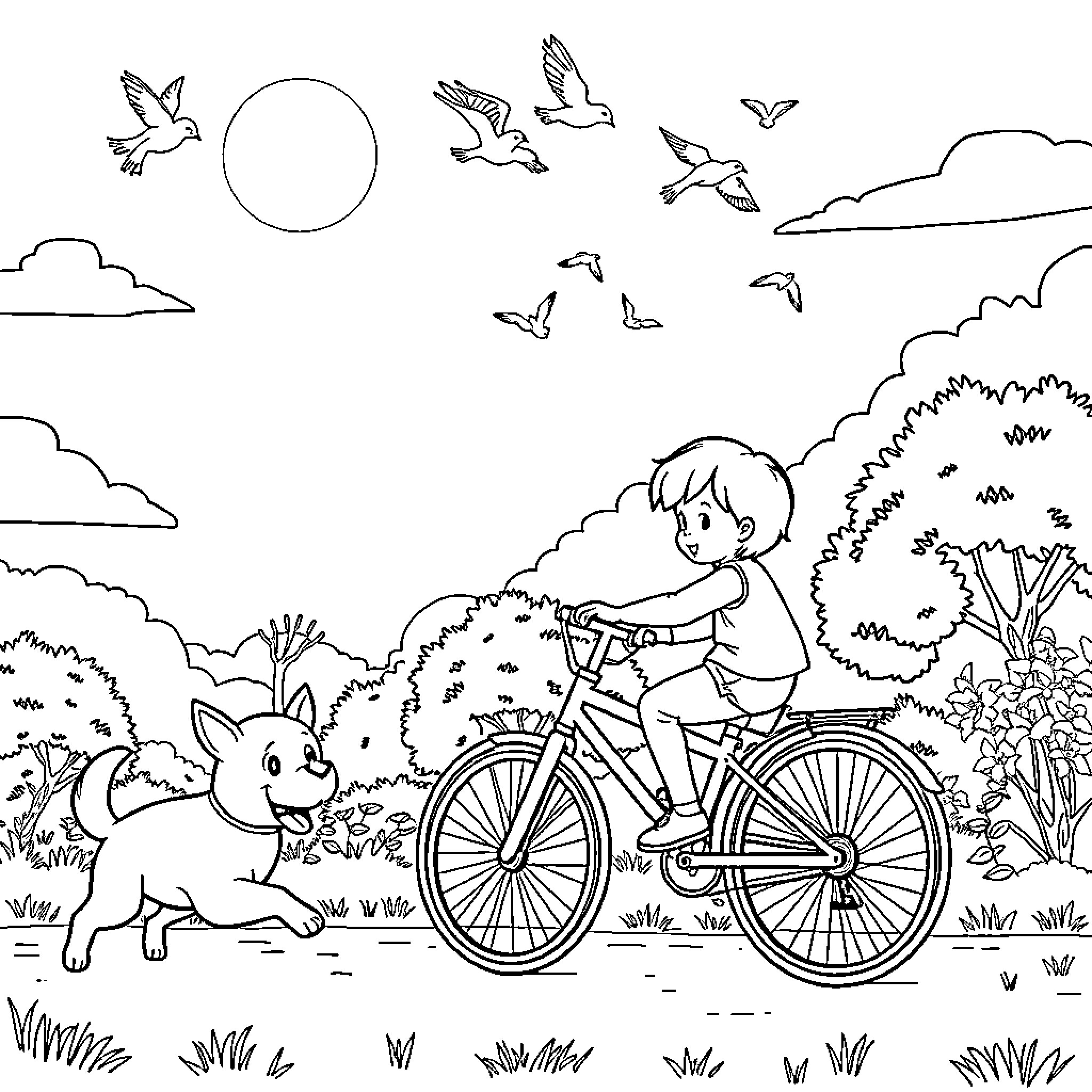 Bear riding bicycle through nature with animals Coloring Page (free black-and-white line drawing printable PDF for all, from beginners to advanced learners, including children, teens, adults, and seniors)