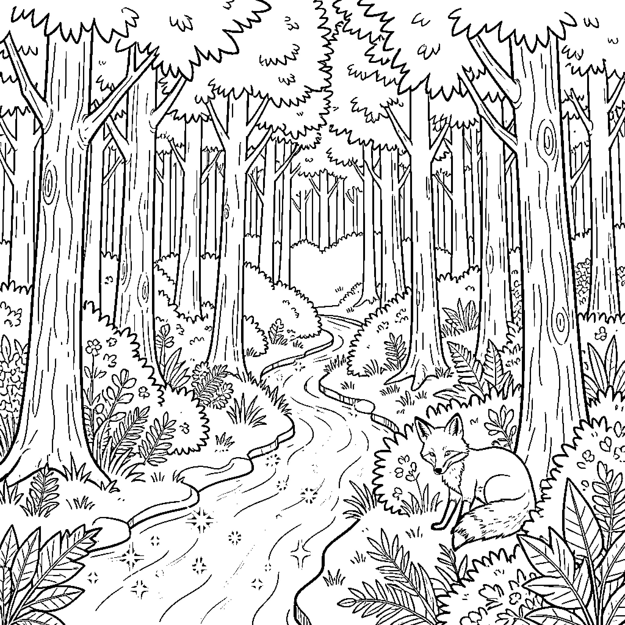 Fox Exploring the Enchanted Forest Coloring Page (free black-and-white line drawing printable PDF for all, from beginners to advanced learners, including children, teens, adults, and seniors)