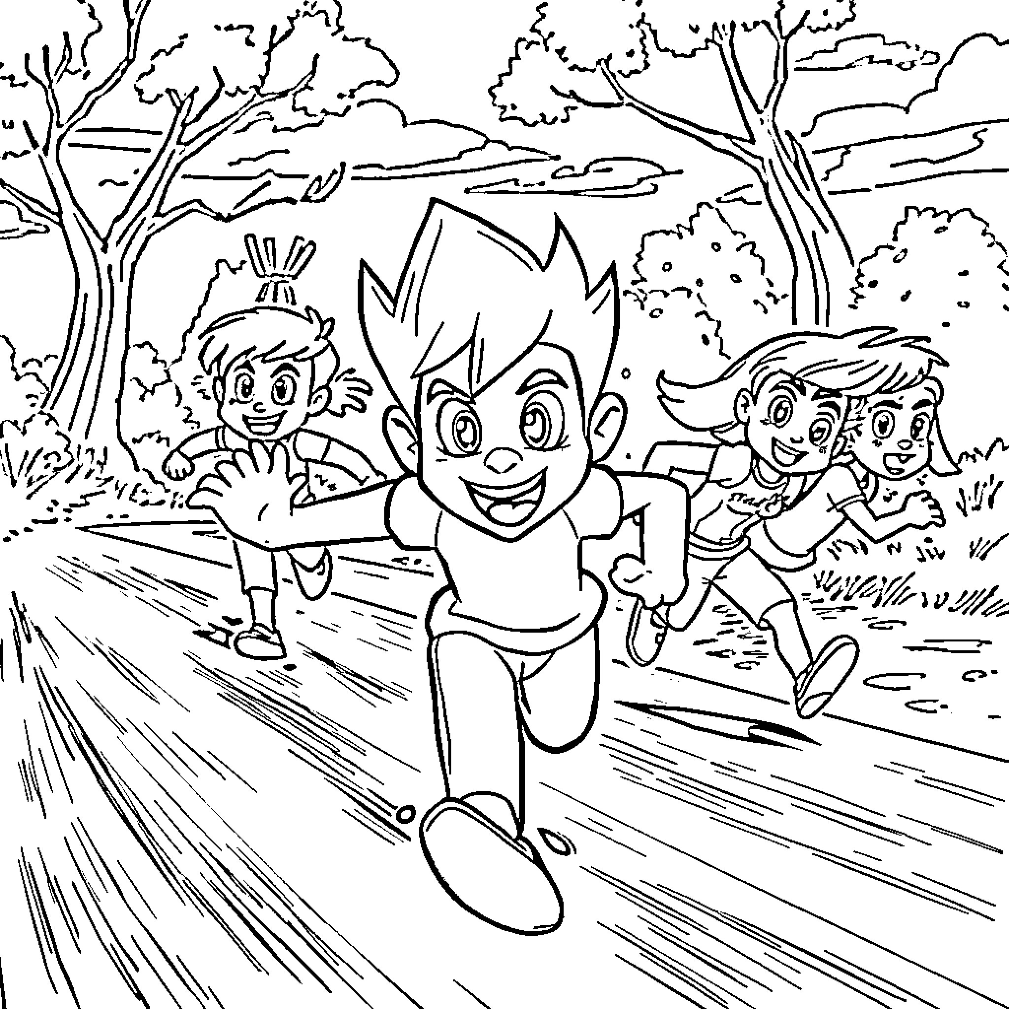 Damon and friends running happily in the outdoors Coloring Page (free black-and-white line drawing printable PDF for all, from beginners to advanced learners, including children, teens, adults, and seniors)