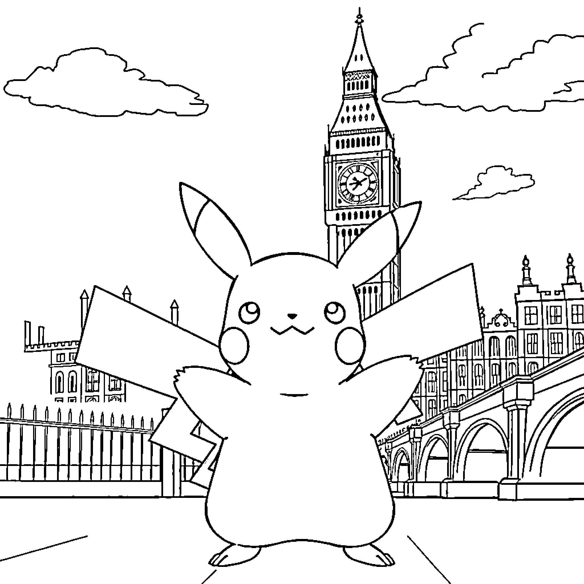 Pikachu exploring the big city landmark Coloring Page (free black-and-white line drawing printable PDF for all, from beginners to advanced learners, including children, teens, adults, and seniors)