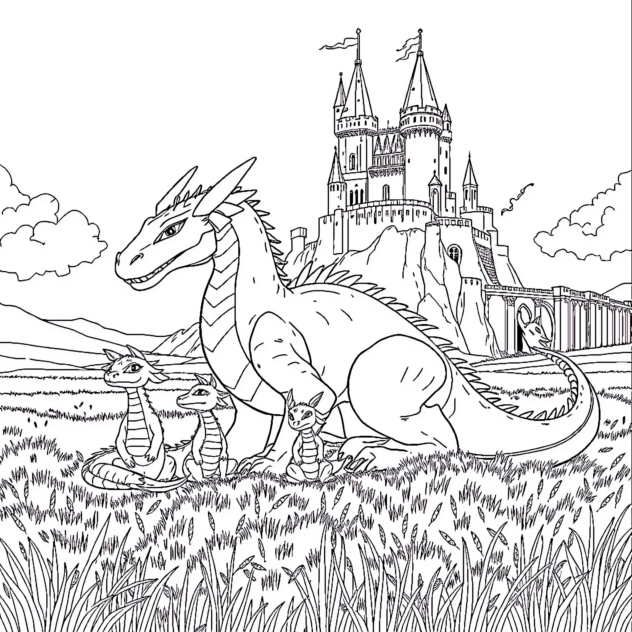 Dragon Guarding the Enchanted Castle Coloring Page (free black-and-white line drawing printable PDF for all, from beginners to advanced learners, including children, teens, adults, and seniors)