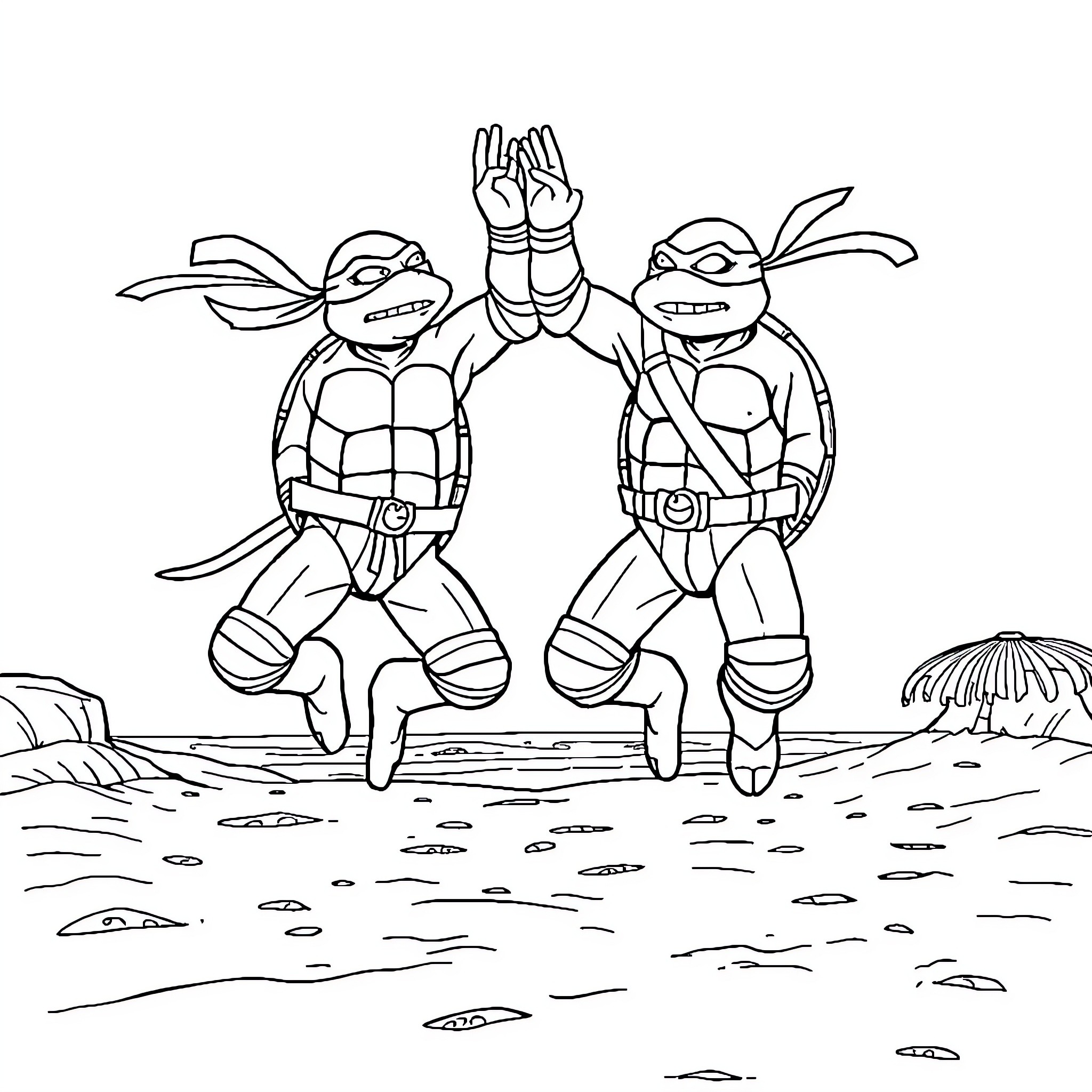 Teenage Mutant Ninja Turtles jumping in action Coloring Page (free black-and-white line drawing printable PDF for all, from beginners to advanced learners, including children, teens, adults, and seniors)