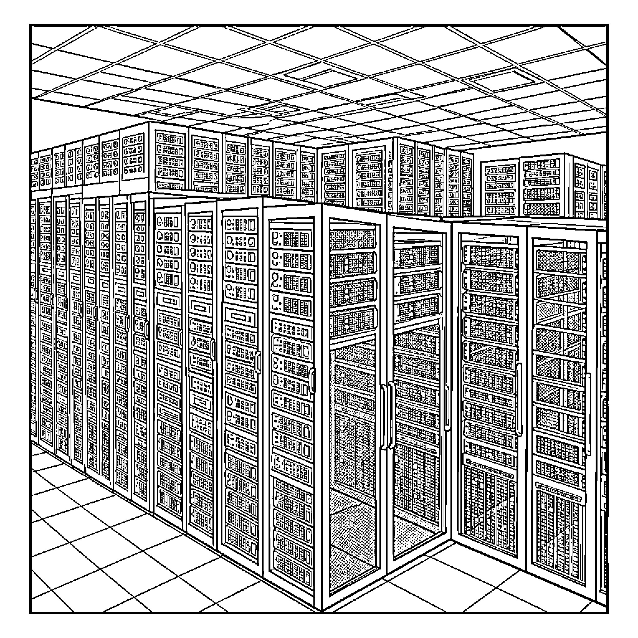 Data Center filled with rows of server racks Coloring Page (free black-and-white line drawing printable PDF for all, from beginners to advanced learners, including children, teens, adults, and seniors)