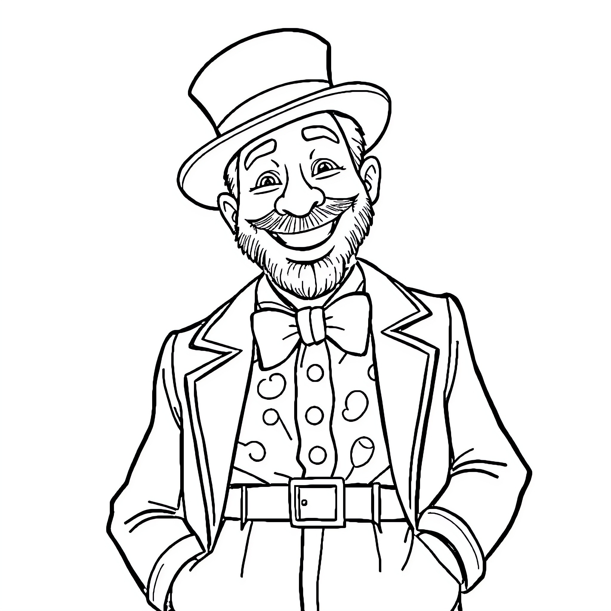 Monsieur Bonhomme, a Cheerful Gentleman in Formal Attire Coloring Page (free black-and-white line drawing printable PDF for all, from beginners to advanced learners, including children, teens, adults, and seniors)