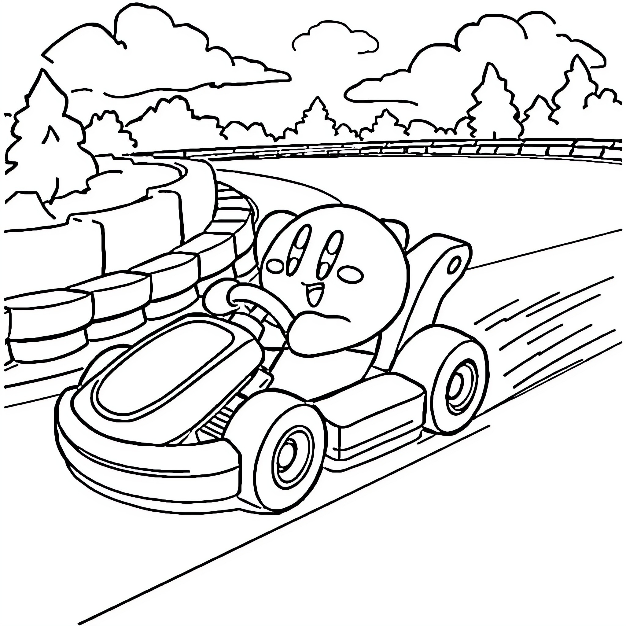 Kirby Driving a Kart on a Winding Road Coloring Page (free black-and-white line drawing printable PDF for all, from beginners to advanced learners, including children, teens, adults, and seniors)