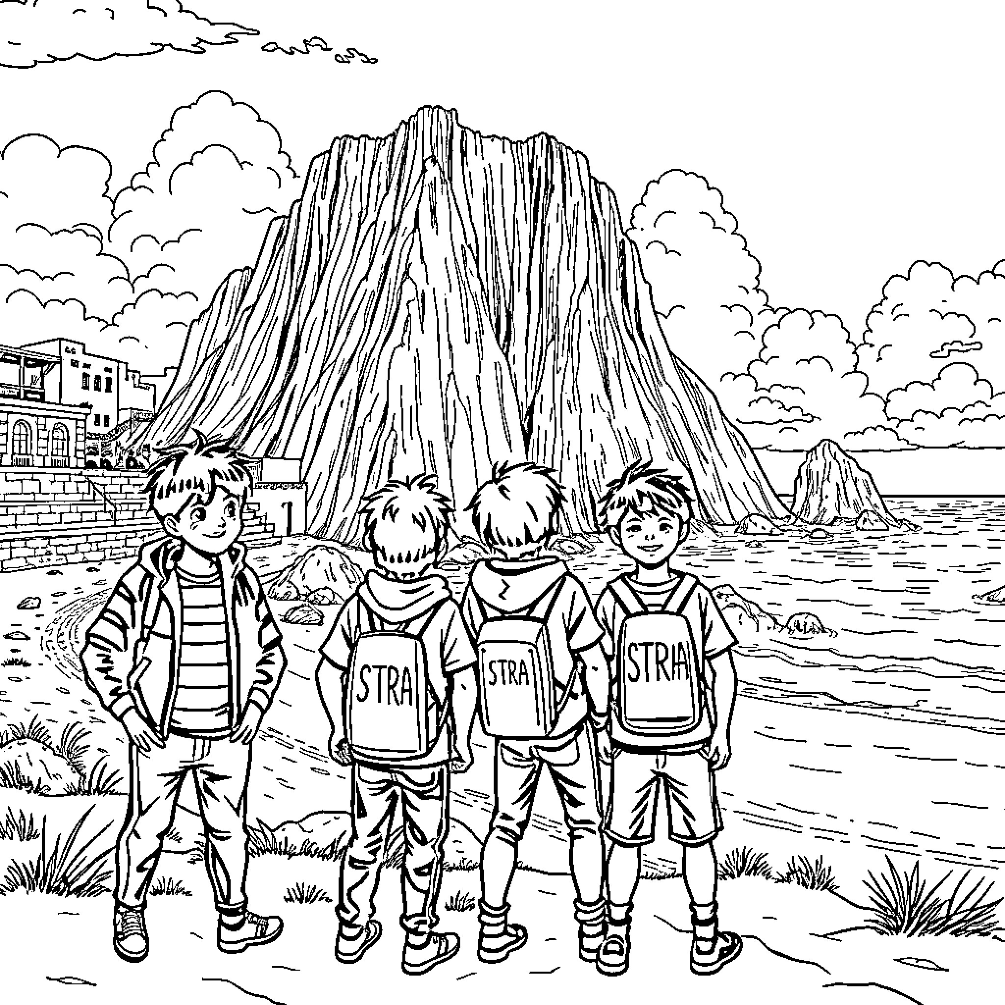 Stray Kids Explore the Rugged Coastline Coloring Page (free black-and-white line drawing printable PDF for all, from beginners to advanced learners, including children, teens, adults, and seniors)