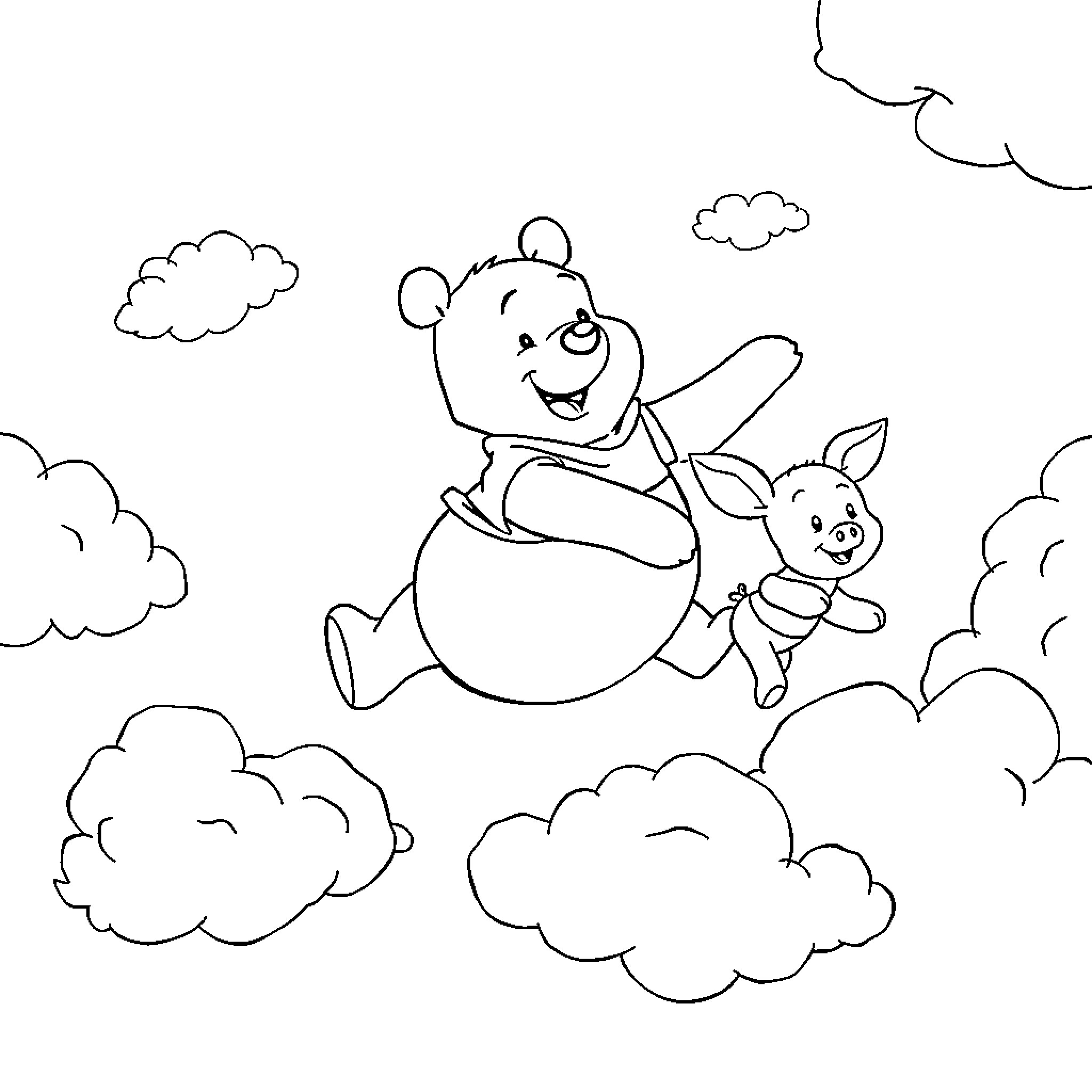 Pooh Bear and Piglet floating in the clouds Coloring Page (free black-and-white line drawing printable PDF for all, from beginners to advanced learners, including children, teens, adults, and seniors)