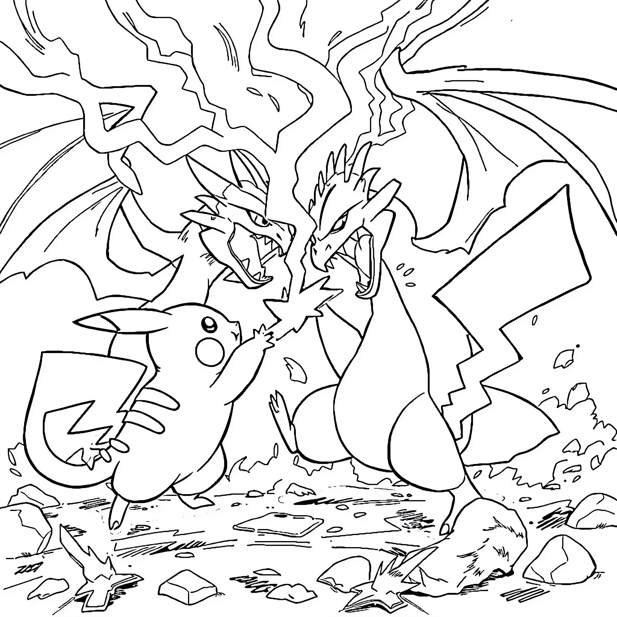 Pikachu's Fierce Clash with a Powerful Dragon Coloring Page (free black-and-white line drawing printable PDF for all, from beginners to advanced learners, including children, teens, adults, and seniors)