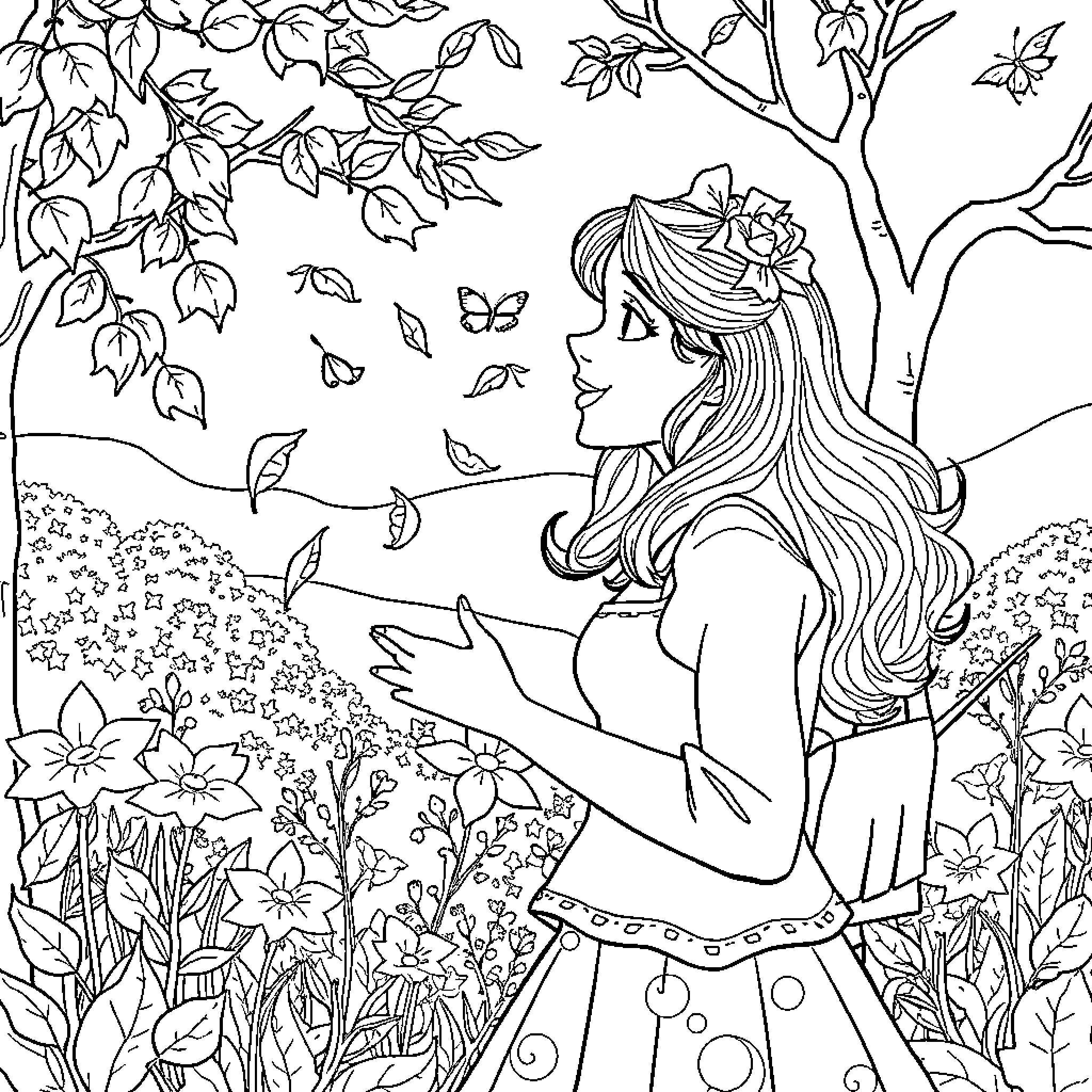Alicia enjoying nature's beauty Coloring Page (free black-and-white line drawing printable PDF for all, from beginners to advanced learners, including children, teens, adults, and seniors)
