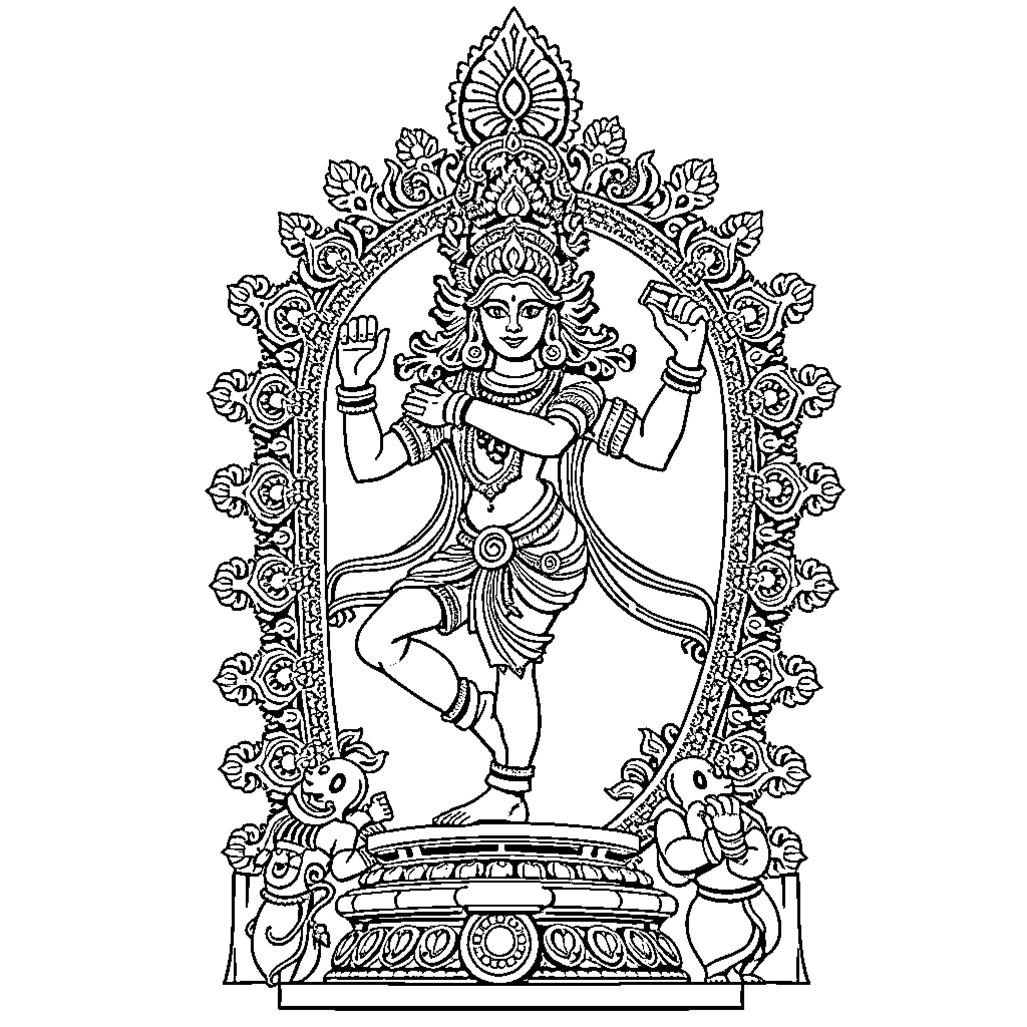 Nataraja in ritual dance of cosmic creation Coloring Page (free black-and-white line drawing printable PDF for all, from beginners to advanced learners, including children, teens, adults, and seniors)