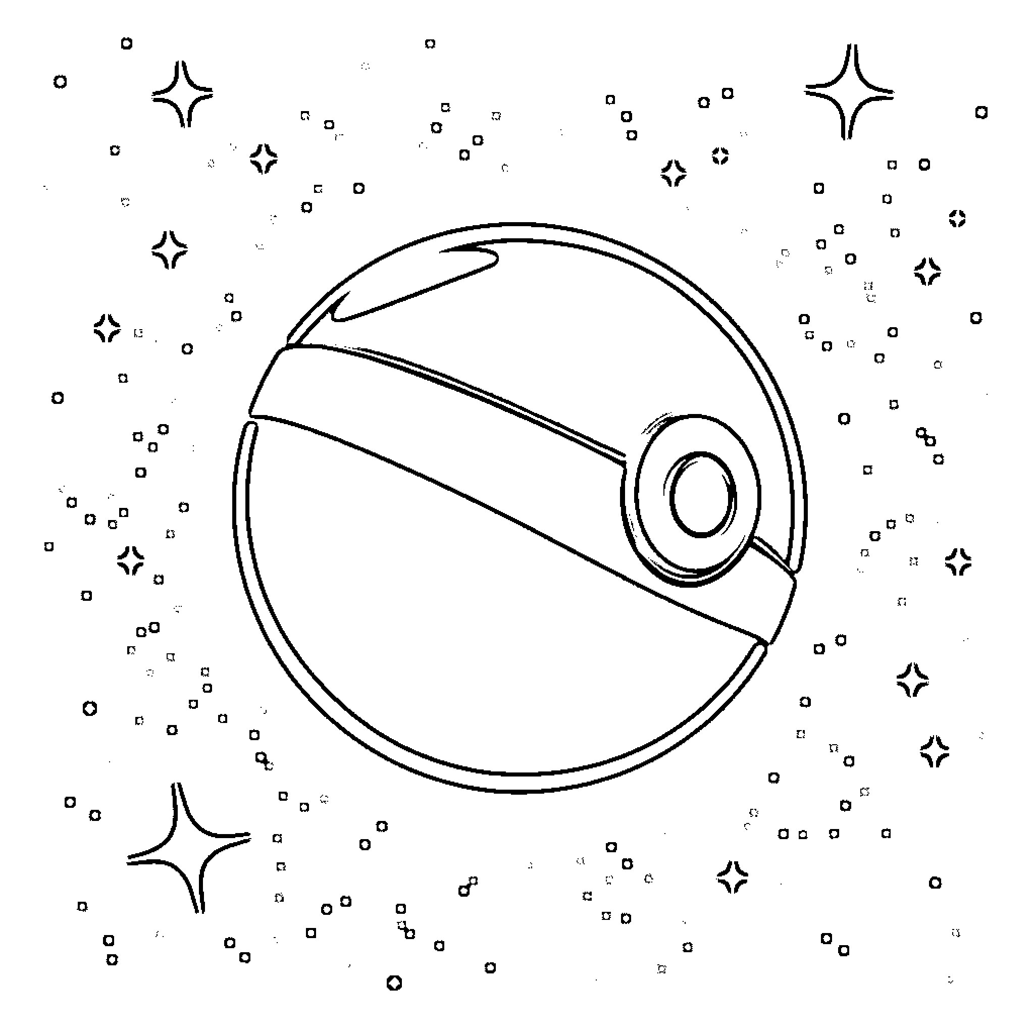 Pokeball in space surrounded by stars Coloring Page (free black-and-white line drawing printable PDF for all, from beginners to advanced learners, including children, teens, adults, and seniors)