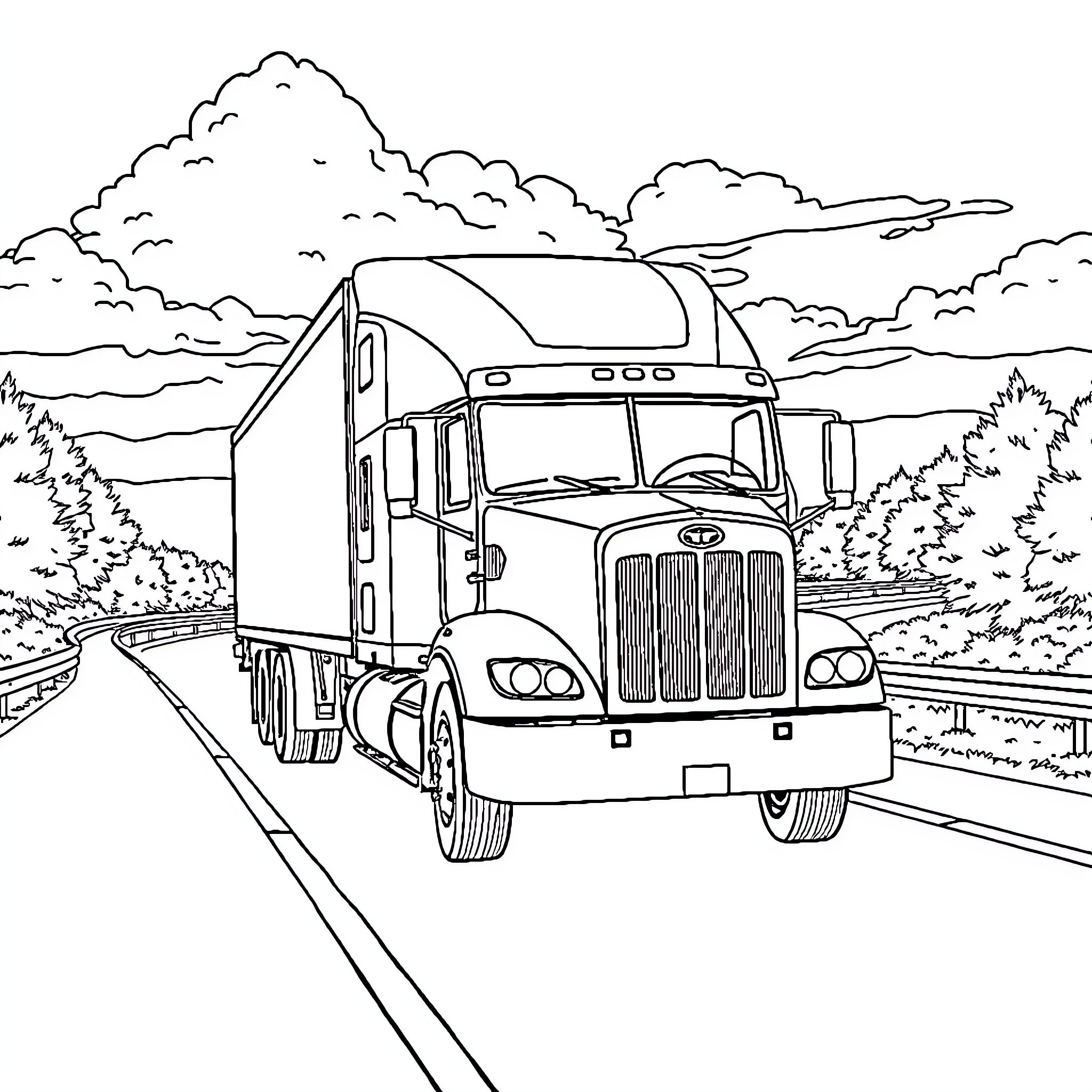 Truck driving on scenic countryside road Coloring Page (free black-and-white line drawing printable PDF for all, from beginners to advanced learners, including children, teens, adults, and seniors)