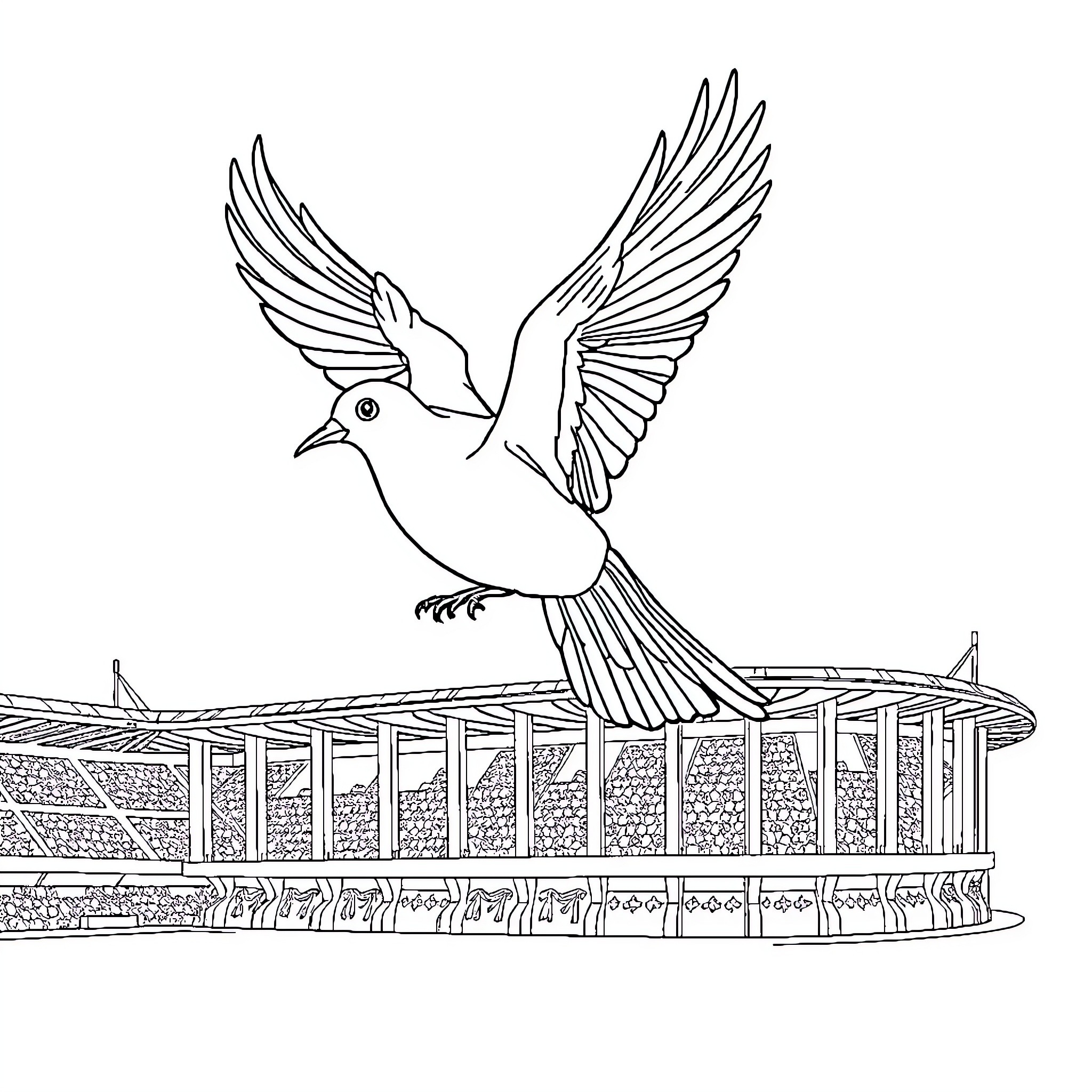 Bird soaring gracefully over architectural structure Coloring Page (free black-and-white line drawing printable PDF for all, from beginners to advanced learners, including children, teens, adults, and seniors)