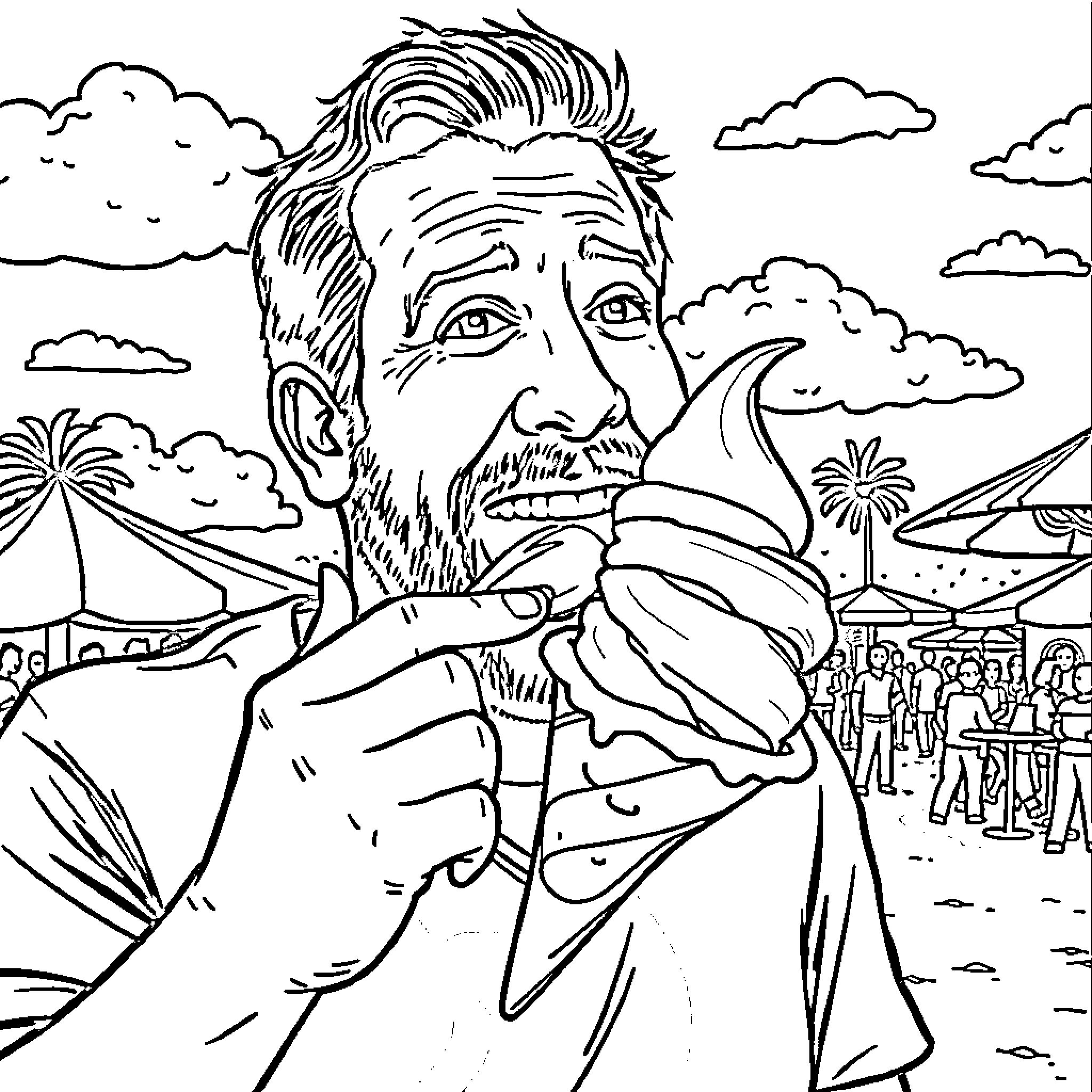 Adam Sandler enjoying a tropical getaway Coloring Page (free black-and-white line drawing printable PDF for all, from beginners to advanced learners, including children, teens, adults, and seniors)