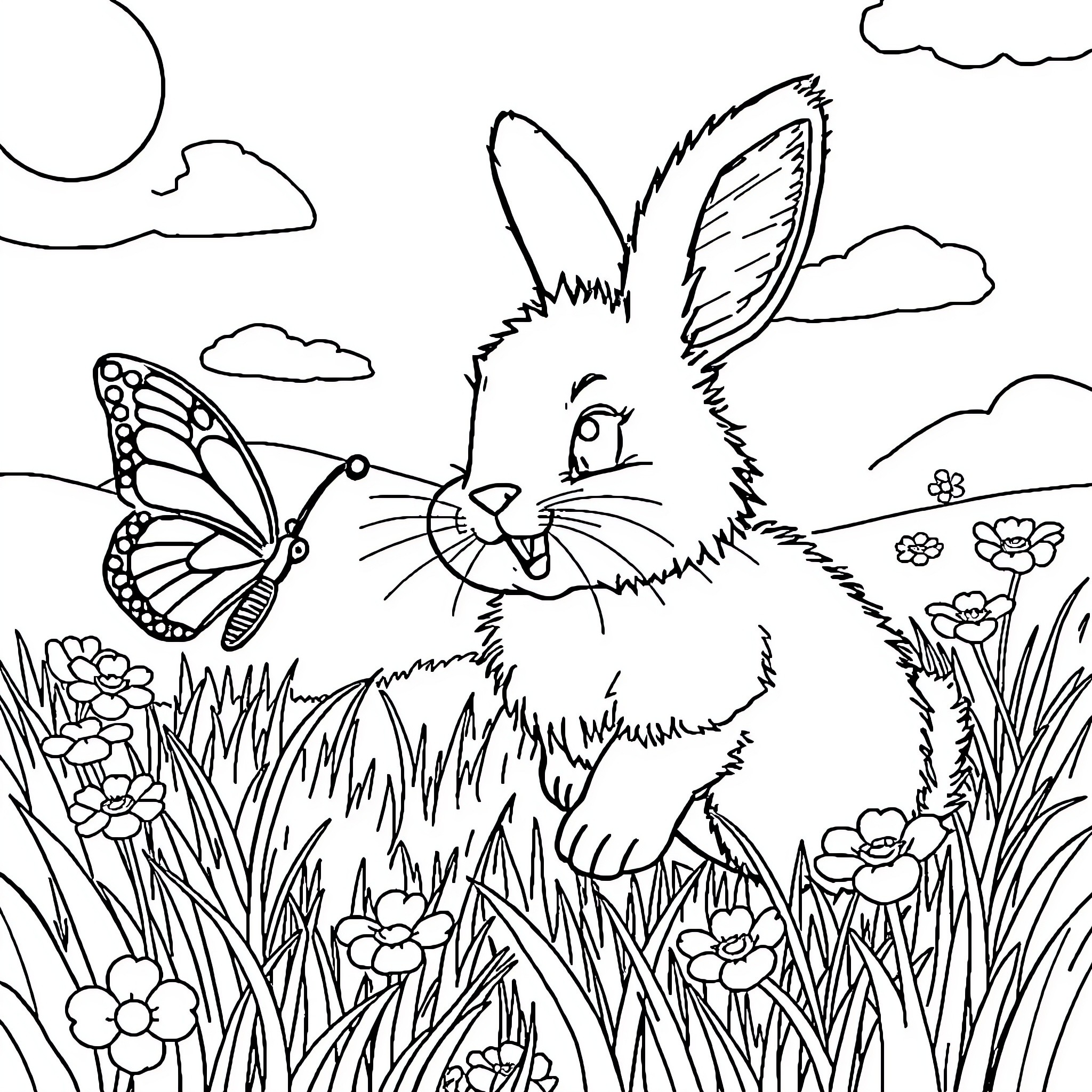 Rabbit exploring a floral meadow with butterflies Coloring Page (free black-and-white line drawing printable PDF for all, from beginners to advanced learners, including children, teens, adults, and seniors)
