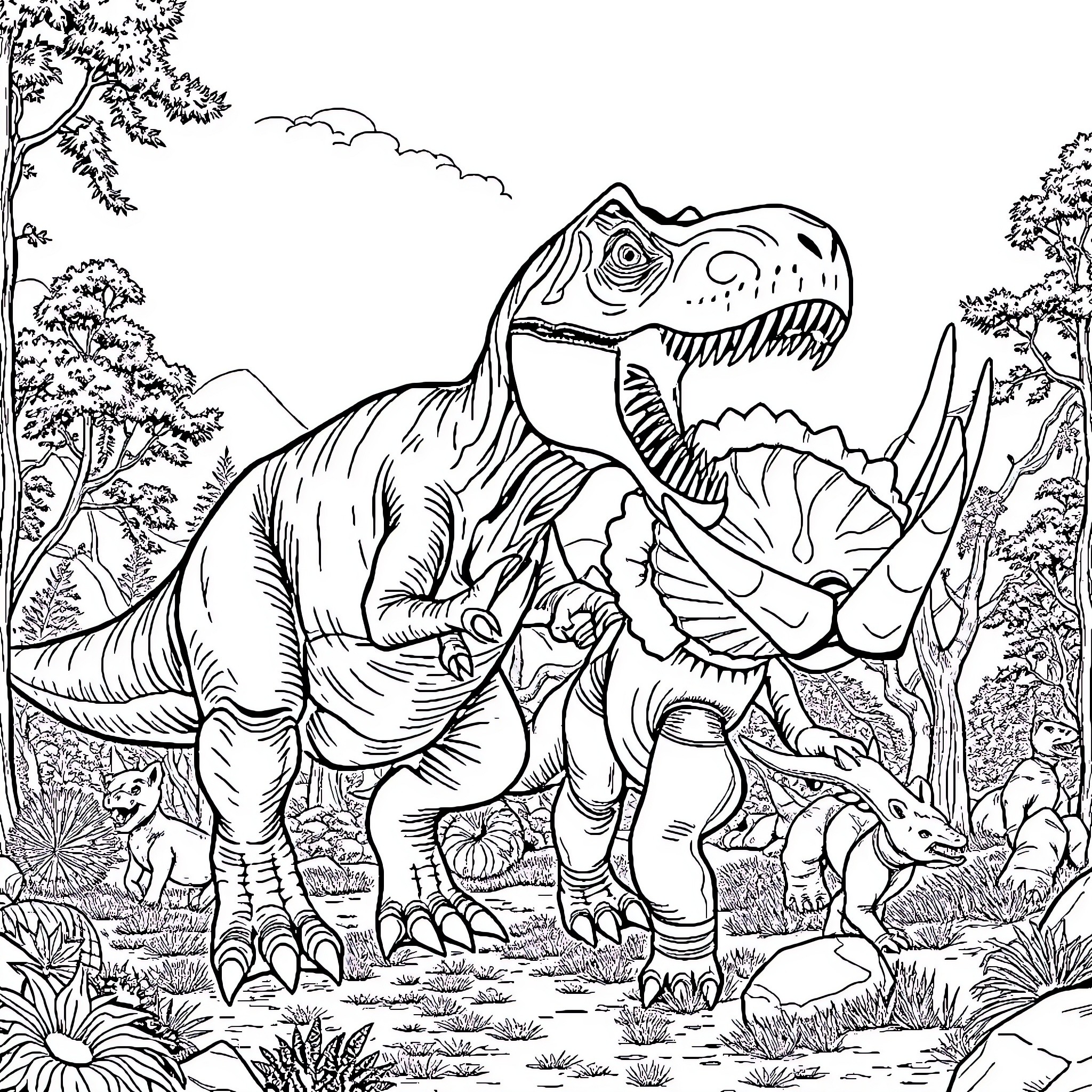 Dinosaur roaming through a lush forest landscape Coloring Page (free black-and-white line drawing printable PDF for all, from beginners to advanced learners, including children, teens, adults, and seniors)