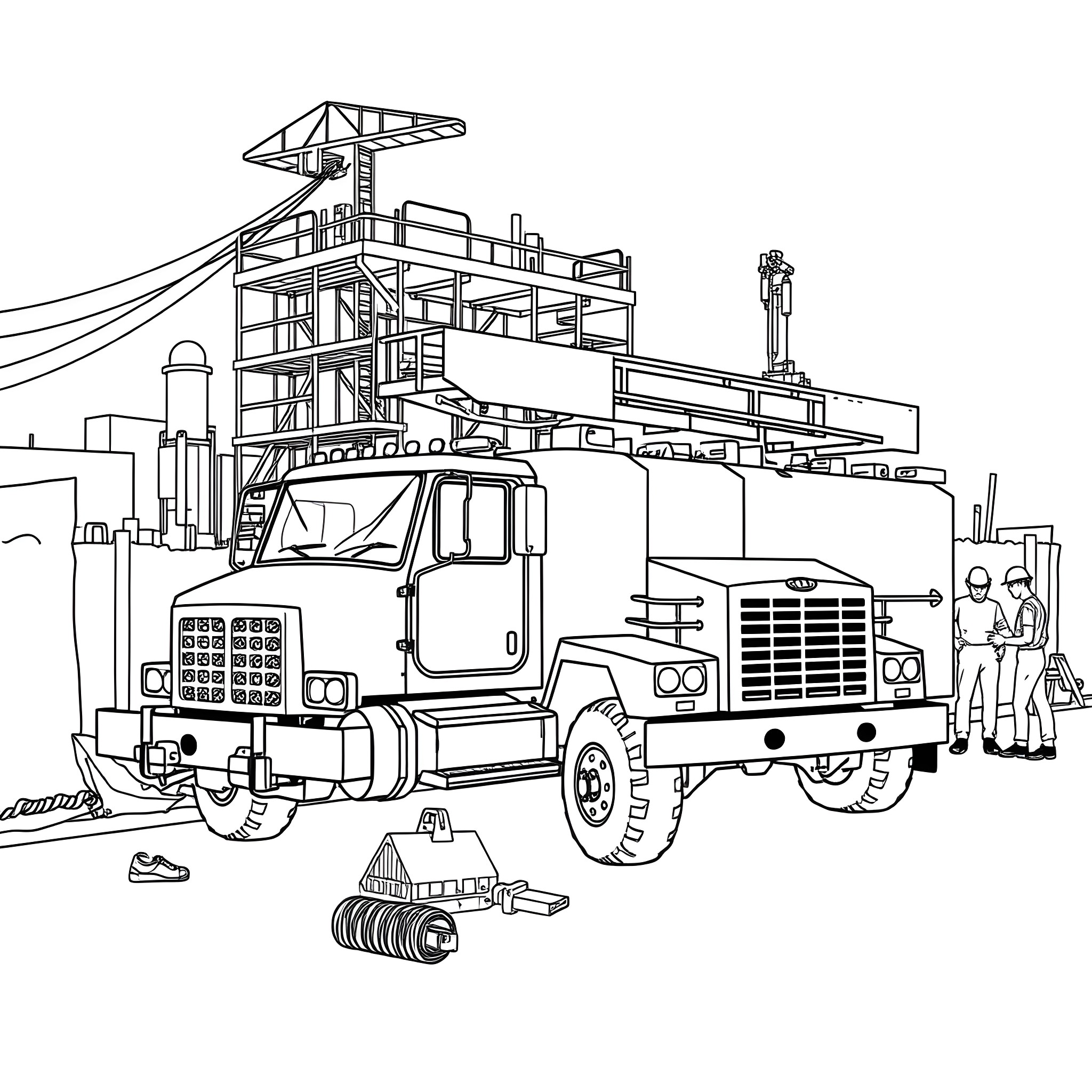 Utility Truck Transporting Construction Equipment on Site Coloring Page (free black-and-white line drawing printable PDF for all, from beginners to advanced learners, including children, teens, adults, and seniors)