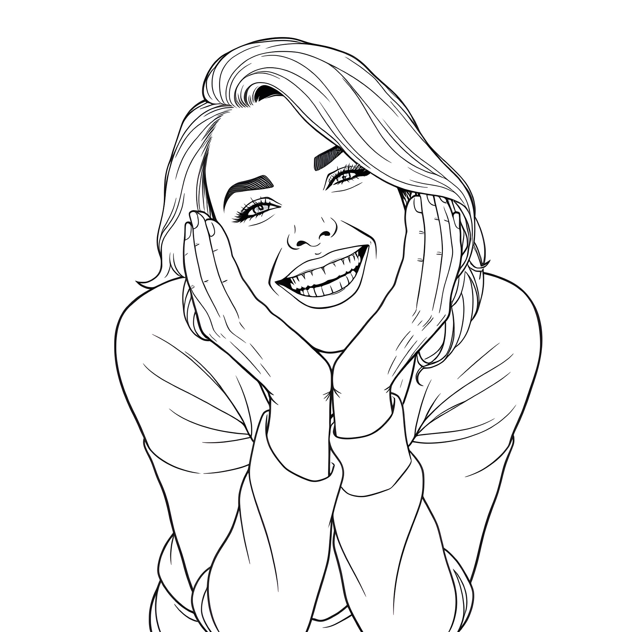 Woman laughing joyfully with bright expression Coloring Page (free black-and-white line drawing printable PDF for all, from beginners to advanced learners, including children, teens, adults, and seniors)