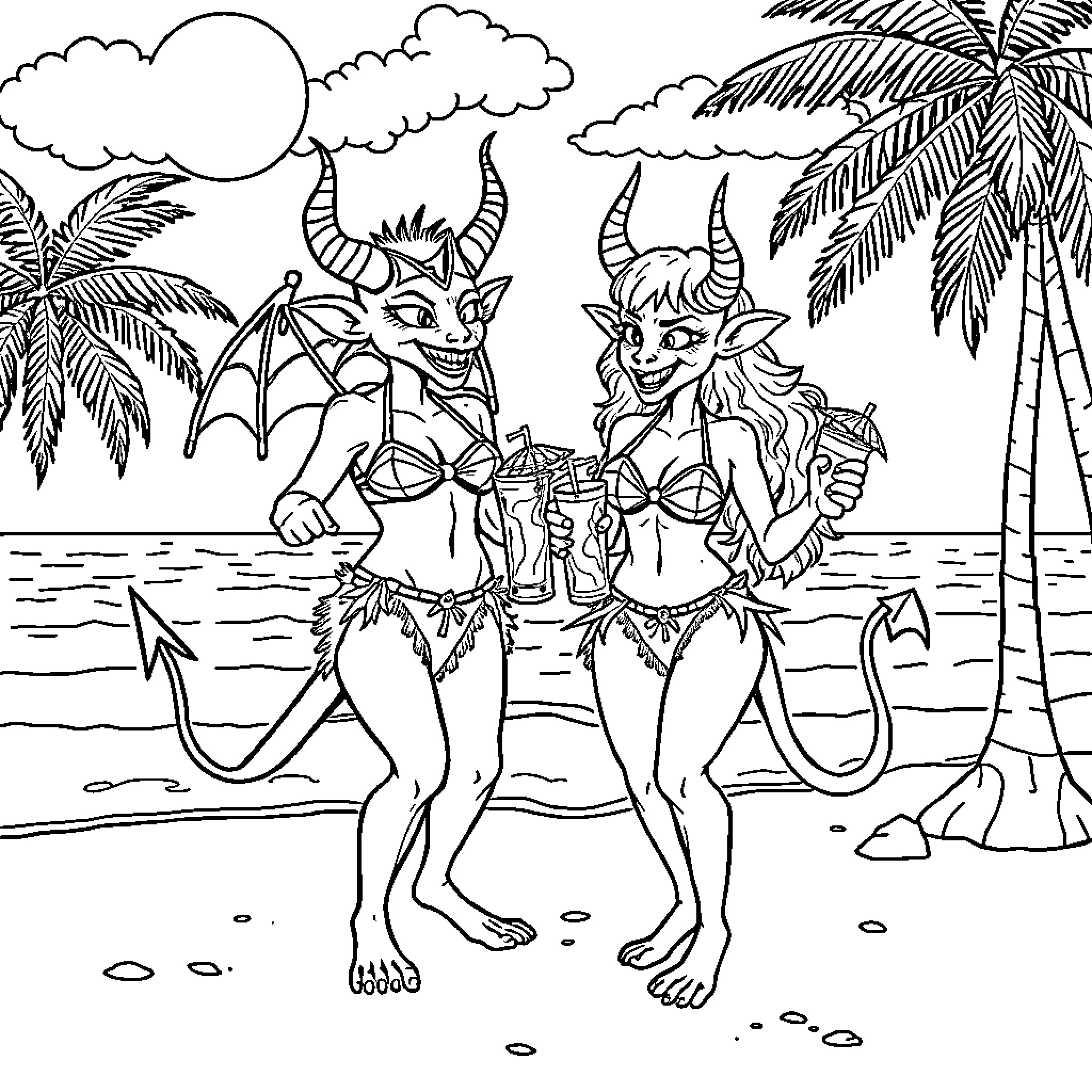Demon Creatures Relaxing on the Beach Coloring Page (free black-and-white line drawing printable PDF for all, from beginners to advanced learners, including children, teens, adults, and seniors)