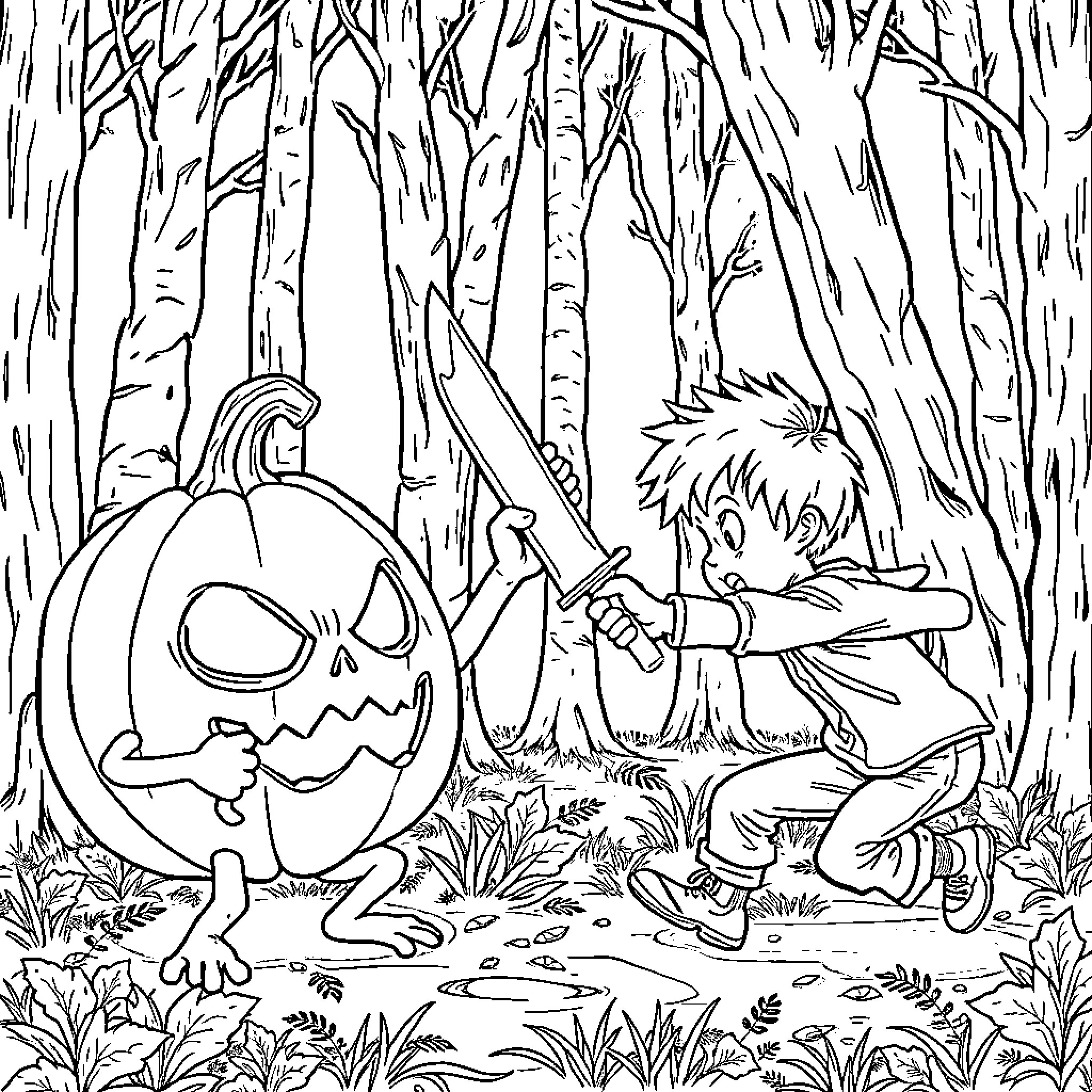 Pumpkin Boy Encountering Scary Halloween Jack-o'-lantern in the Forest Coloring Page (free black-and-white line drawing printable PDF for all, from beginners to advanced learners, including children, teens, adults, and seniors)