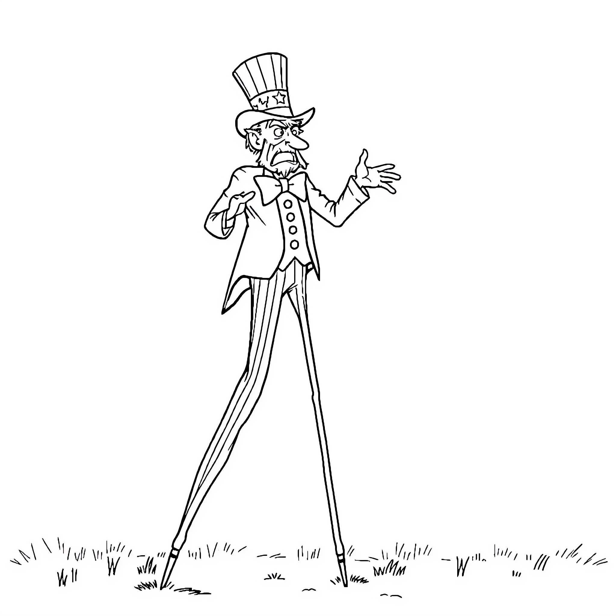 Uncle Sam enthusiastically gesturing on stilts Coloring Page (free black-and-white line drawing printable PDF for all, from beginners to advanced learners, including children, teens, adults, and seniors)