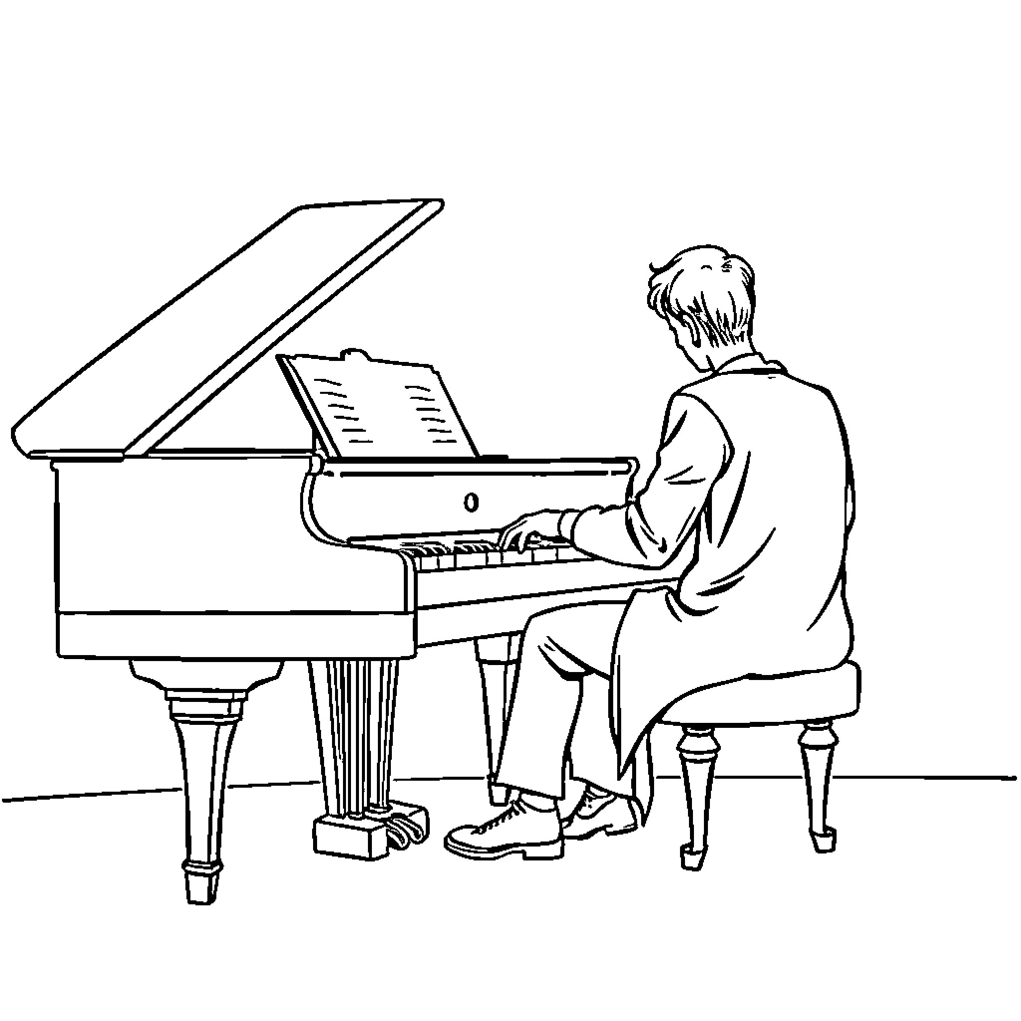 Pianist performing on a grand piano Coloring Page (free black-and-white line drawing printable PDF for all, from beginners to advanced learners, including children, teens, adults, and seniors)