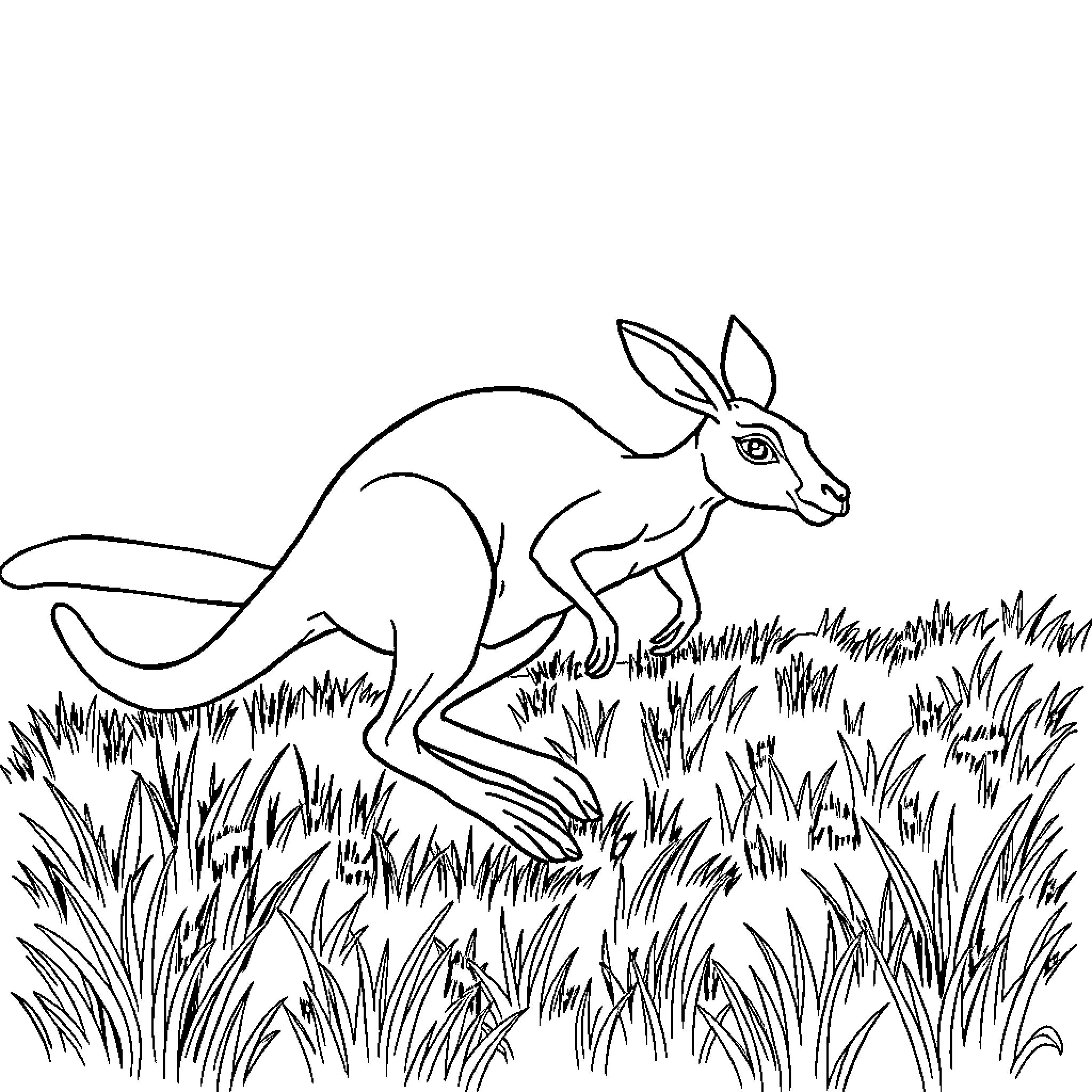 Kangaroo hopping through the grass Coloring Page (free black-and-white line drawing printable PDF for all, from beginners to advanced learners, including children, teens, adults, and seniors)
