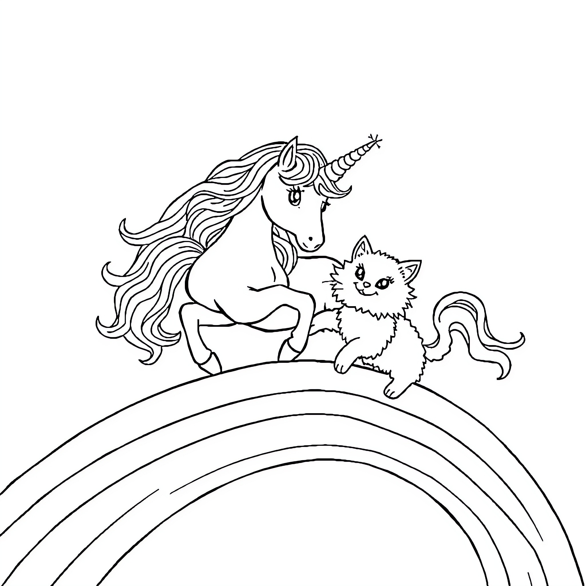 Unicorn and Kitten Frolicking on a Rainbow Coloring Page (free black-and-white line drawing printable PDF for all, from beginners to advanced learners, including children, teens, adults, and seniors)