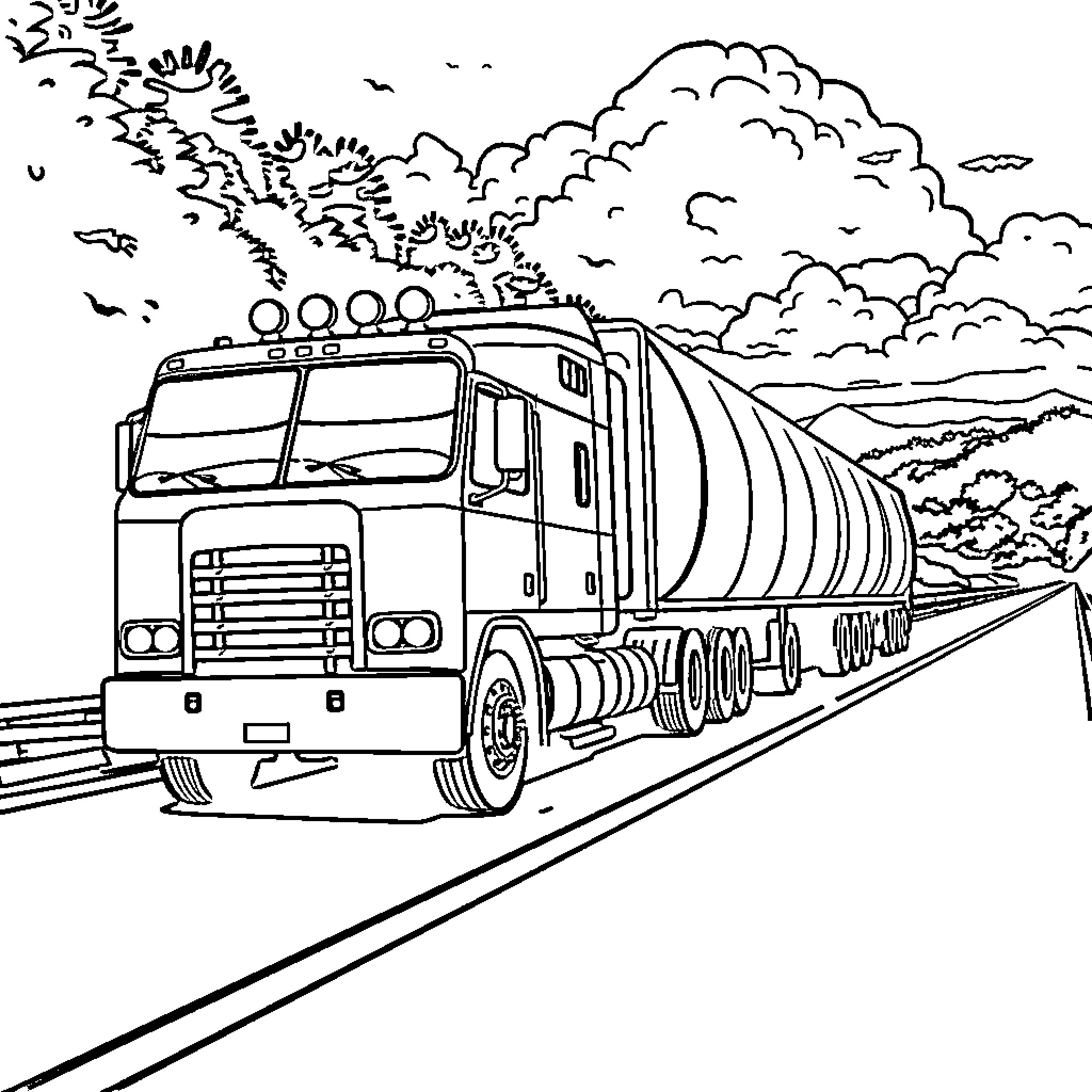 Semi-Truck Transporting Cargo on Scenic Highway Coloring Page (free black-and-white line drawing printable PDF for all, from beginners to advanced learners, including children, teens, adults, and seniors)