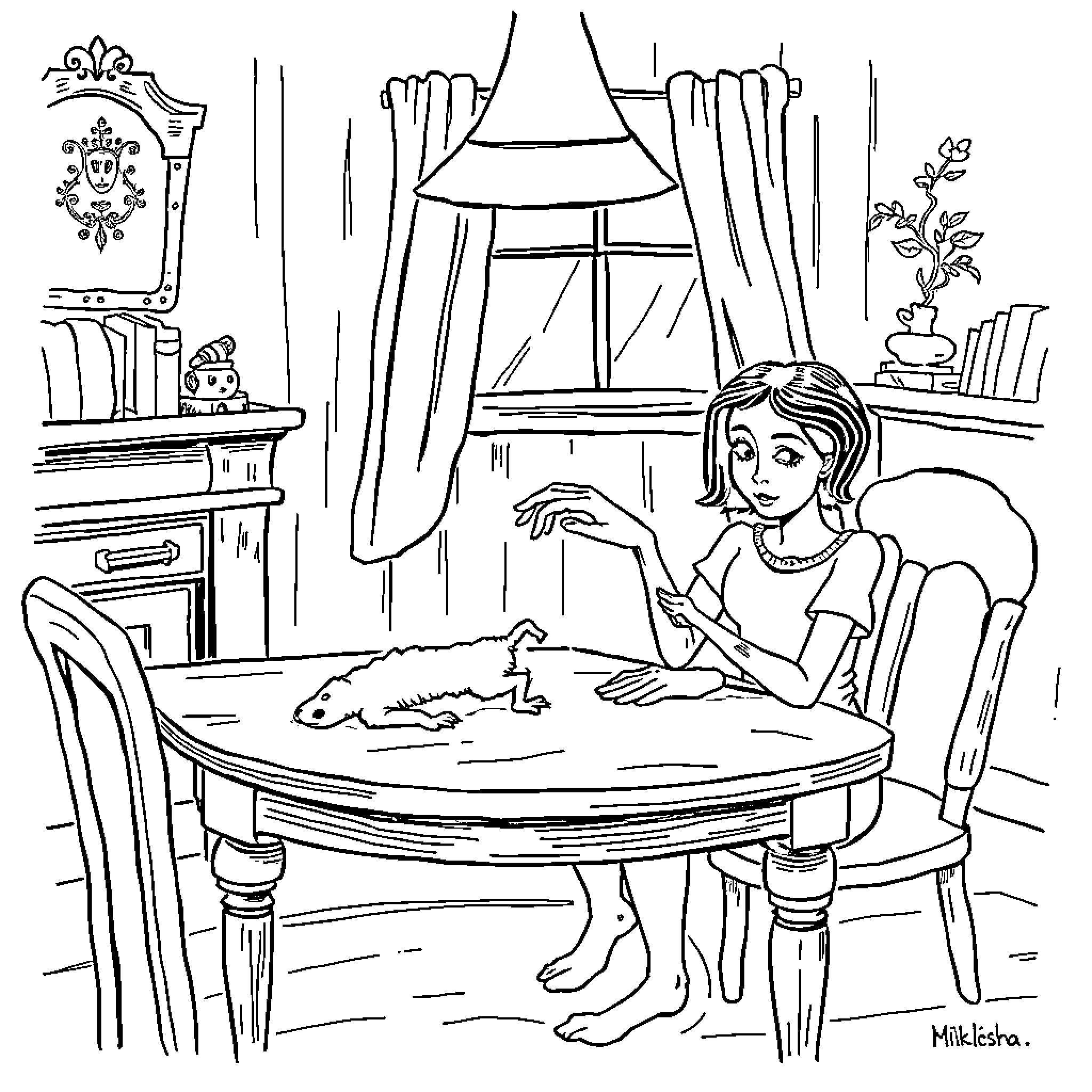 Wednesday afternoon leisure in a cozy room Coloring Page (free black-and-white line drawing printable PDF for all, from beginners to advanced learners, including children, teens, adults, and seniors)