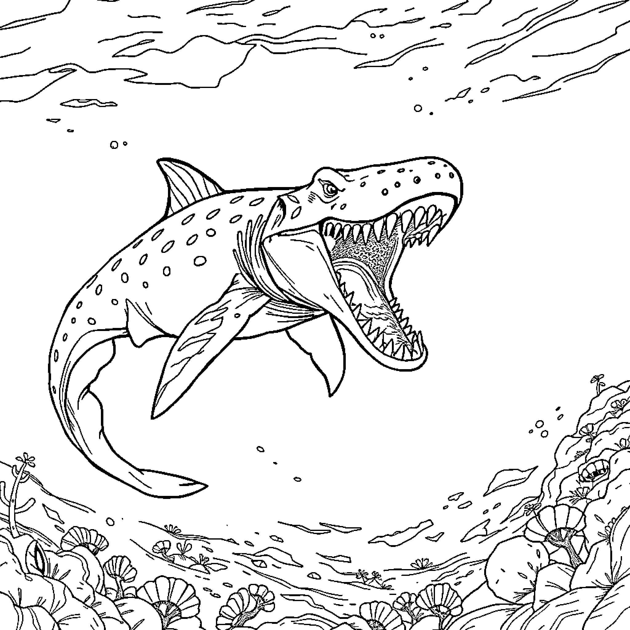 Mosasaurus hunting underwater in a marine environment Coloring Page (free black-and-white line drawing printable PDF for all, from beginners to advanced learners, including children, teens, adults, and seniors)