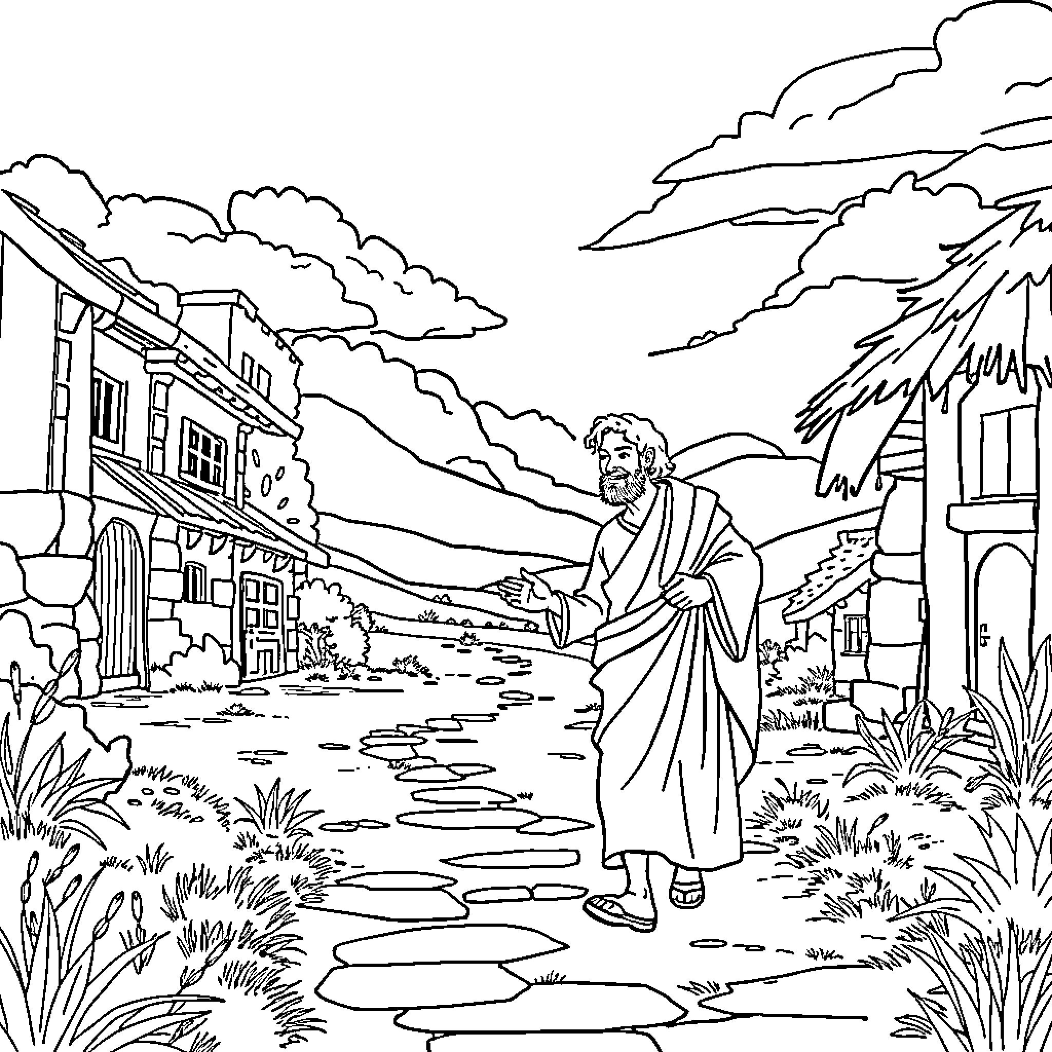 Prodigal Son's Return to His Hometown Coloring Page (free black-and-white line drawing printable PDF for all, from beginners to advanced learners, including children, teens, adults, and seniors)