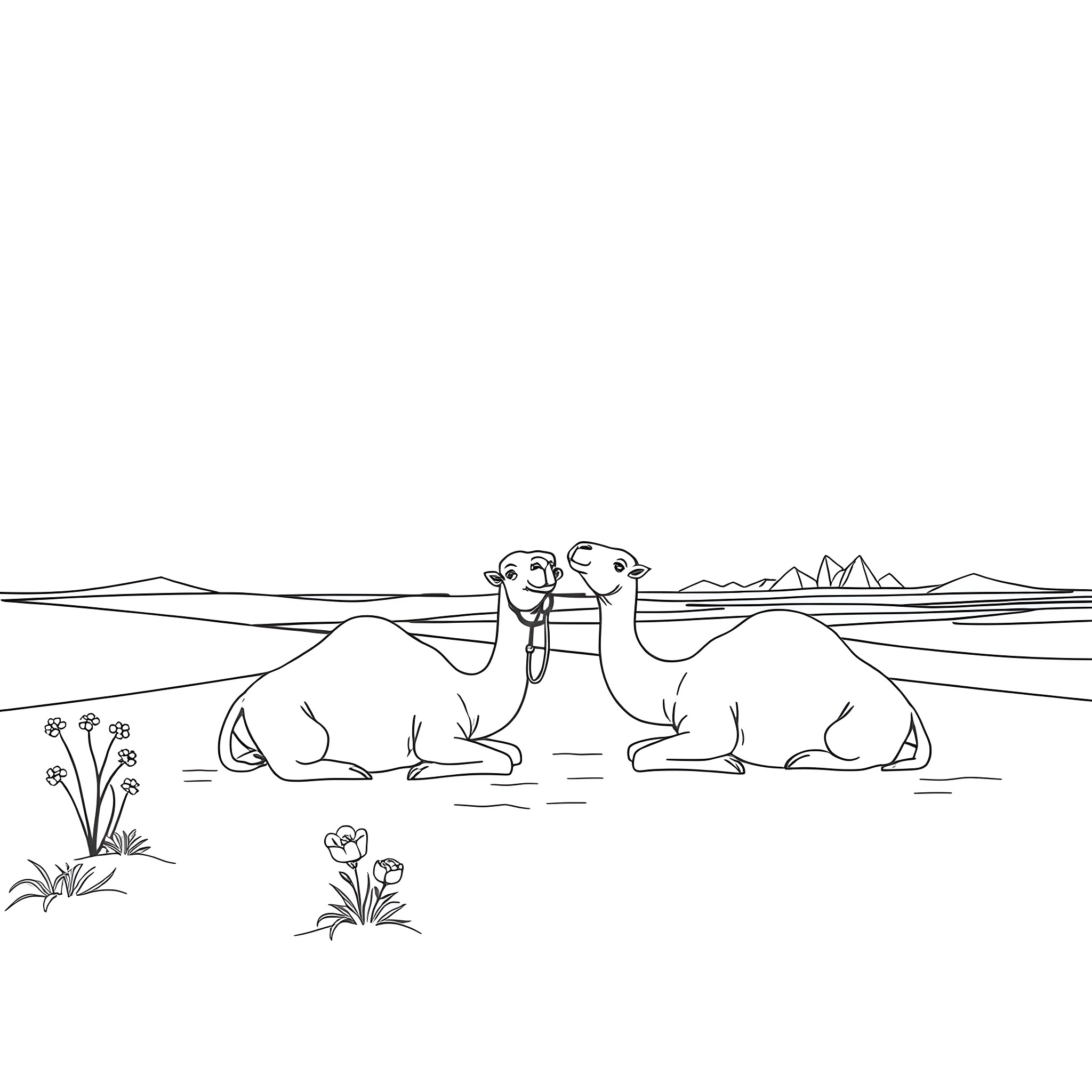 Camels resting peacefully in the desert landscape Coloring Page (free black-and-white line drawing printable PDF for all, from beginners to advanced learners, including children, teens, adults, and seniors)