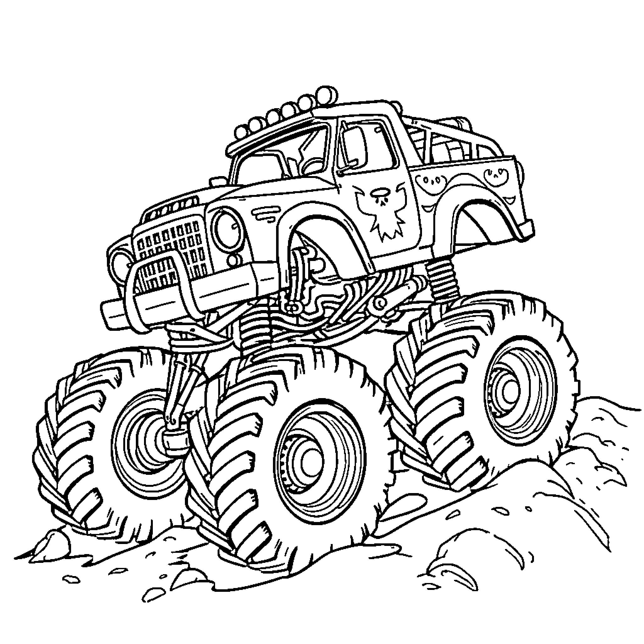 Monster Truck Crushing Rocks on a Rugged Trail Coloring Page (free black-and-white line drawing printable PDF for all, from beginners to advanced learners, including children, teens, adults, and seniors)