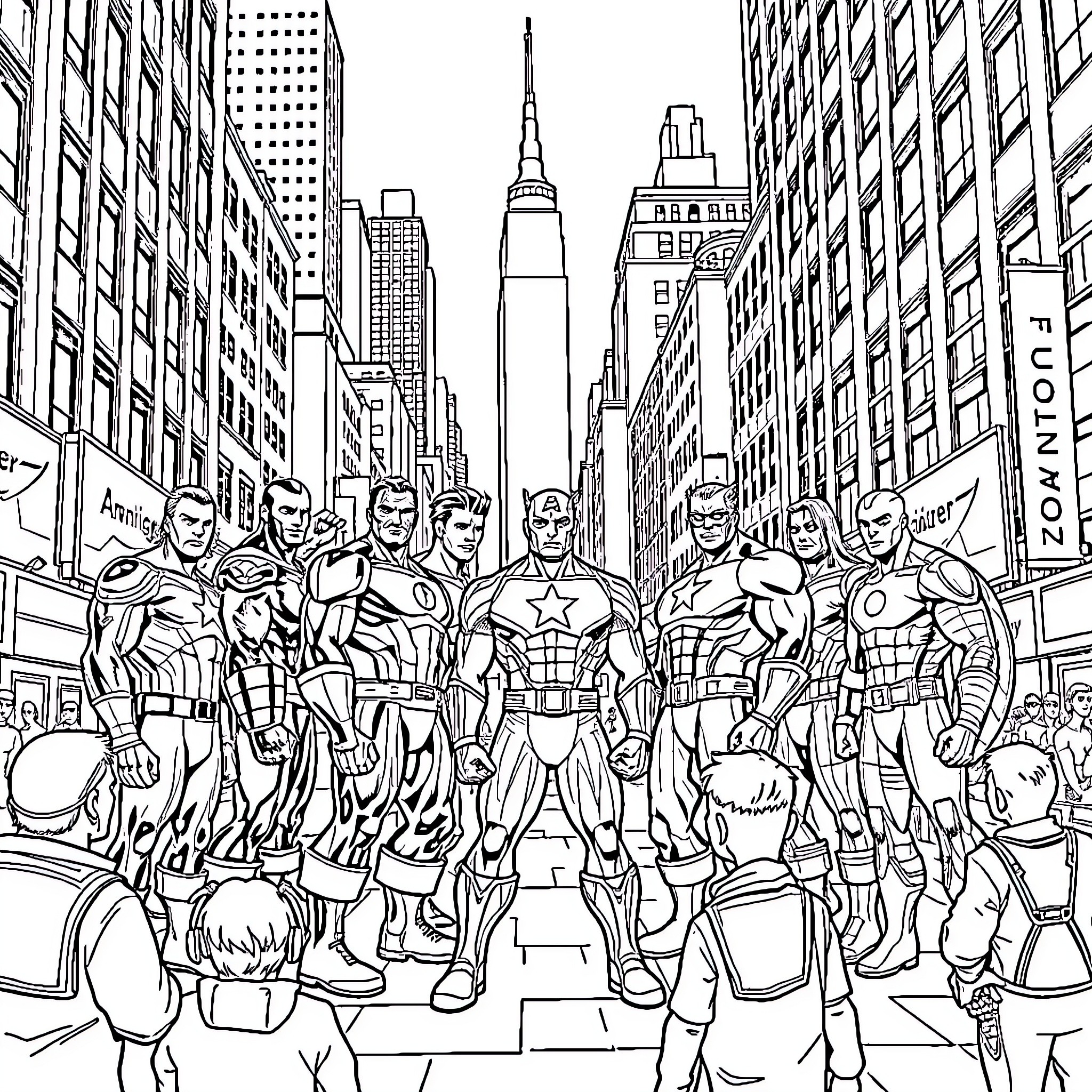 Avenger Heroes Assembling in the City Coloring Page (free black-and-white line drawing printable PDF for all, from beginners to advanced learners, including children, teens, adults, and seniors)