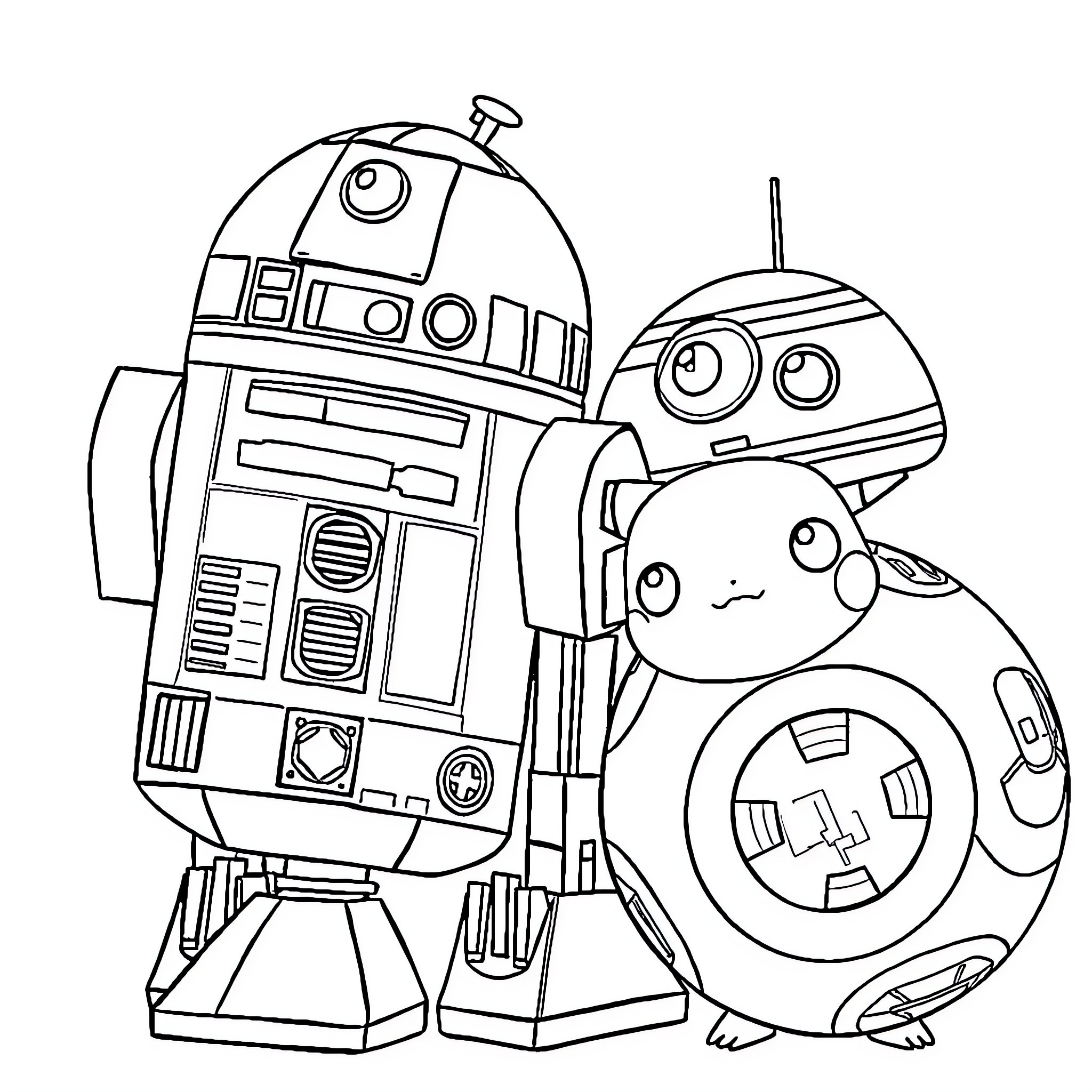 R2D2 and Droids Exploring Space Adventures Coloring Page (free black-and-white line drawing printable PDF for all, from beginners to advanced learners, including children, teens, adults, and seniors)