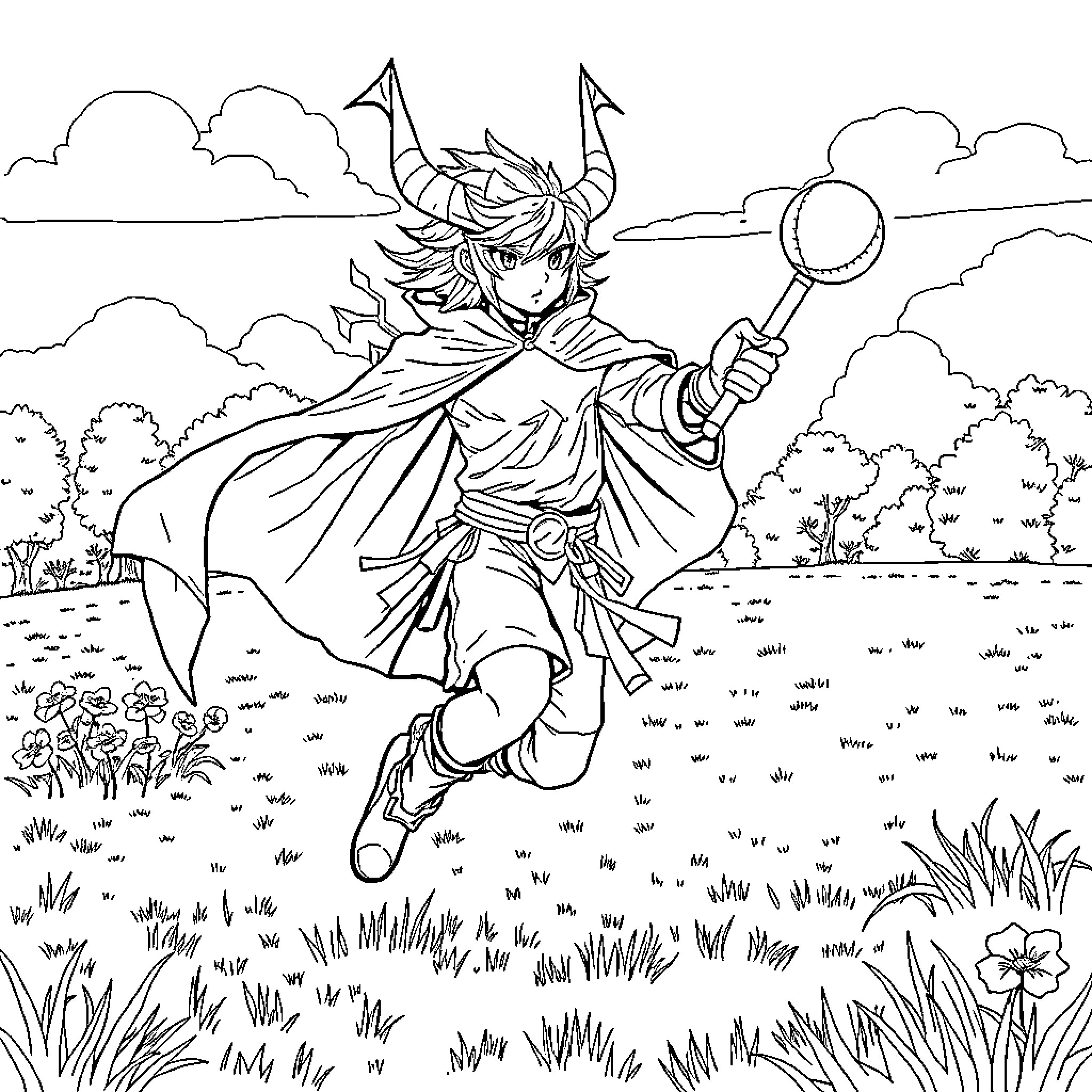 Rengoku in action, wielding sword amid natural landscape Coloring Page (free black-and-white line drawing printable PDF for all, from beginners to advanced learners, including children, teens, adults, and seniors)