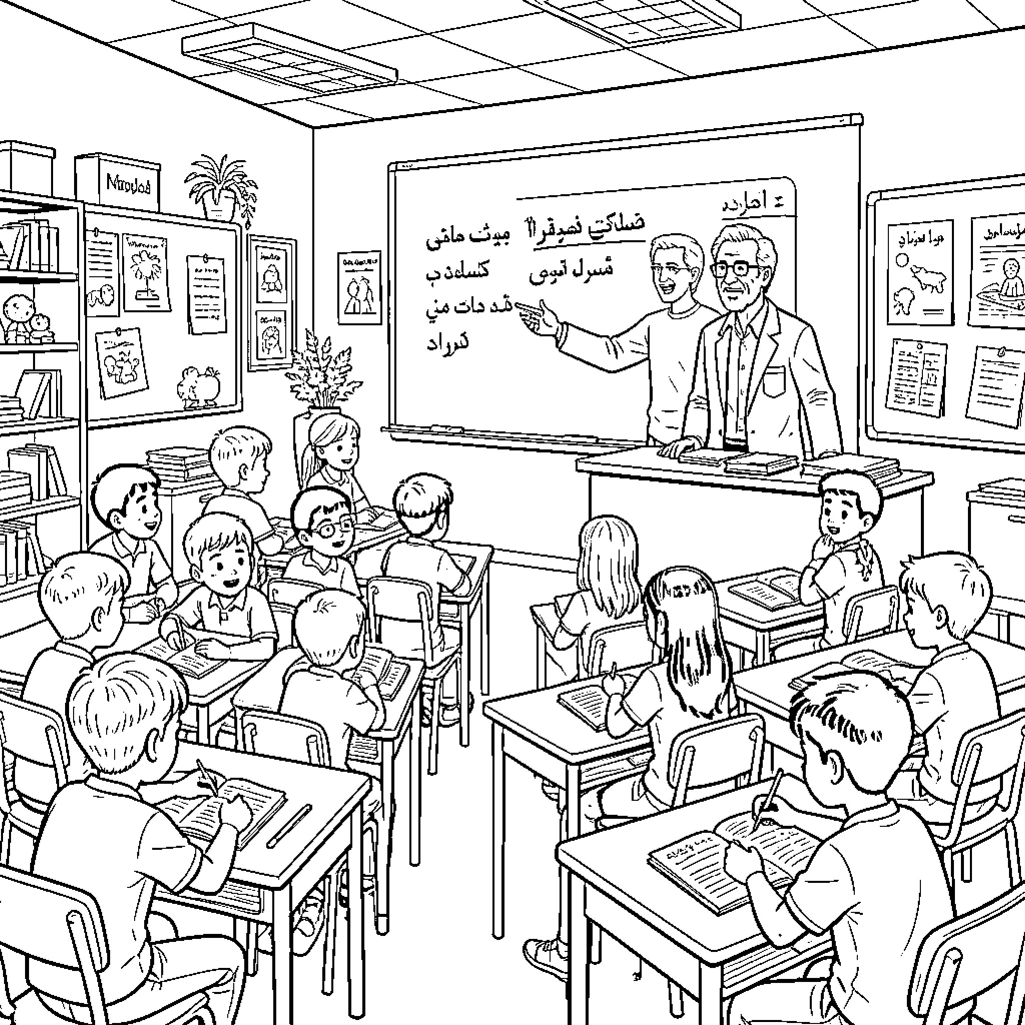 Classroom scene with students and teacher Coloring Page (free black-and-white line drawing printable PDF for all, from beginners to advanced learners, including children, teens, adults, and seniors)