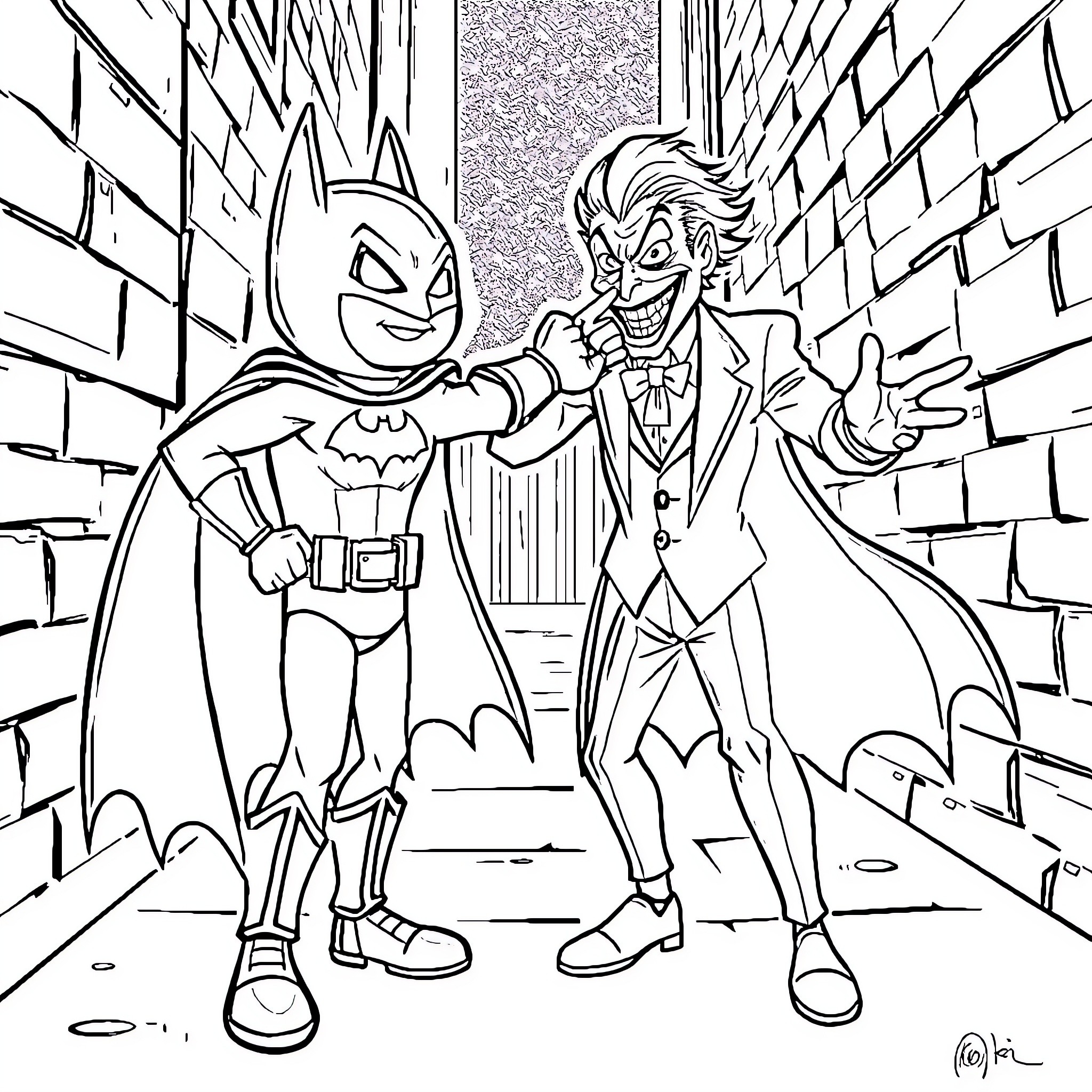 Bingo: Batman and Joker in a Confrontation Coloring Page (free black-and-white line drawing printable PDF for all, from beginners to advanced learners, including children, teens, adults, and seniors)