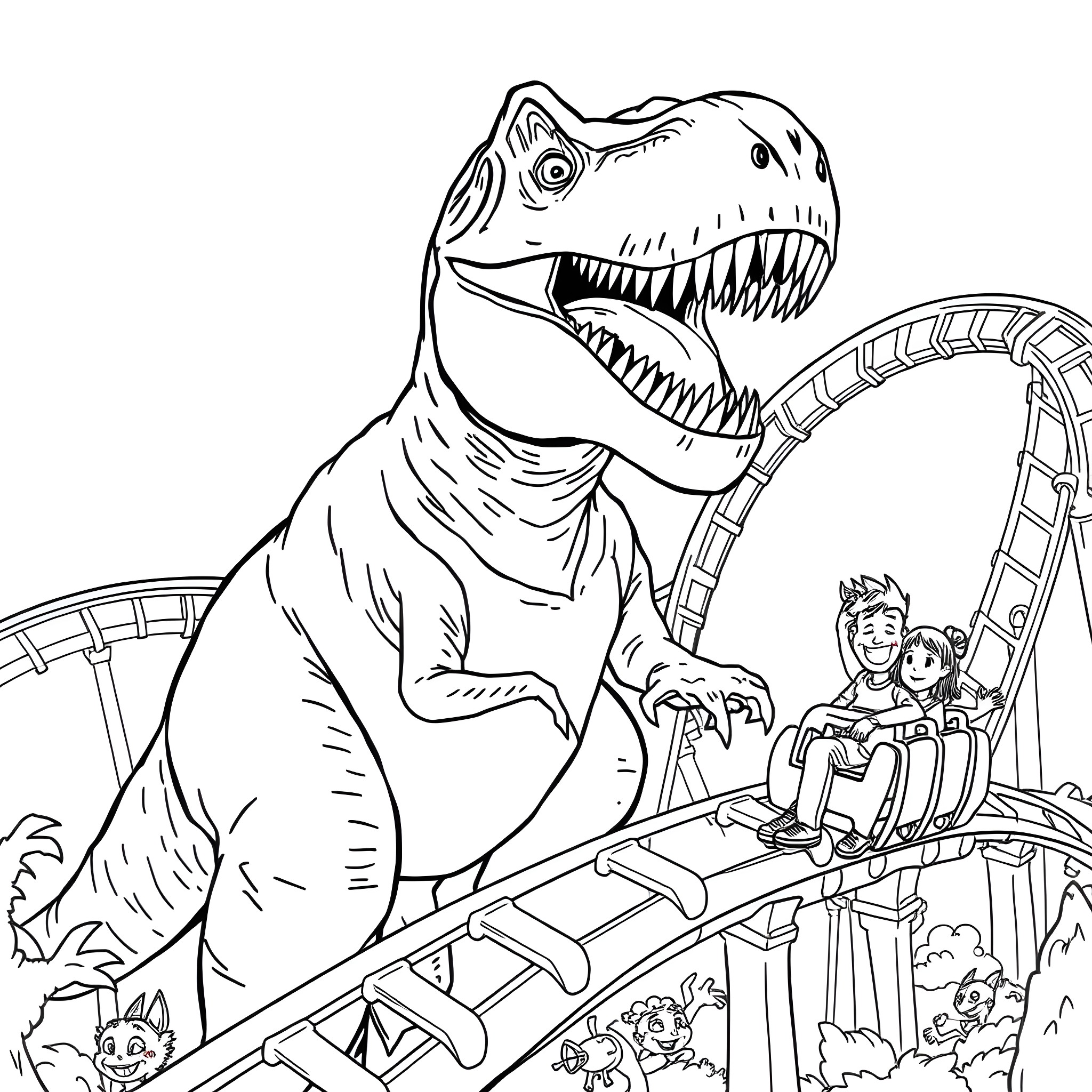 Tyrannosaurus Rex on Thrilling Rollercoaster Ride Coloring Page (free black-and-white line drawing printable PDF for all, from beginners to advanced learners, including children, teens, adults, and seniors)