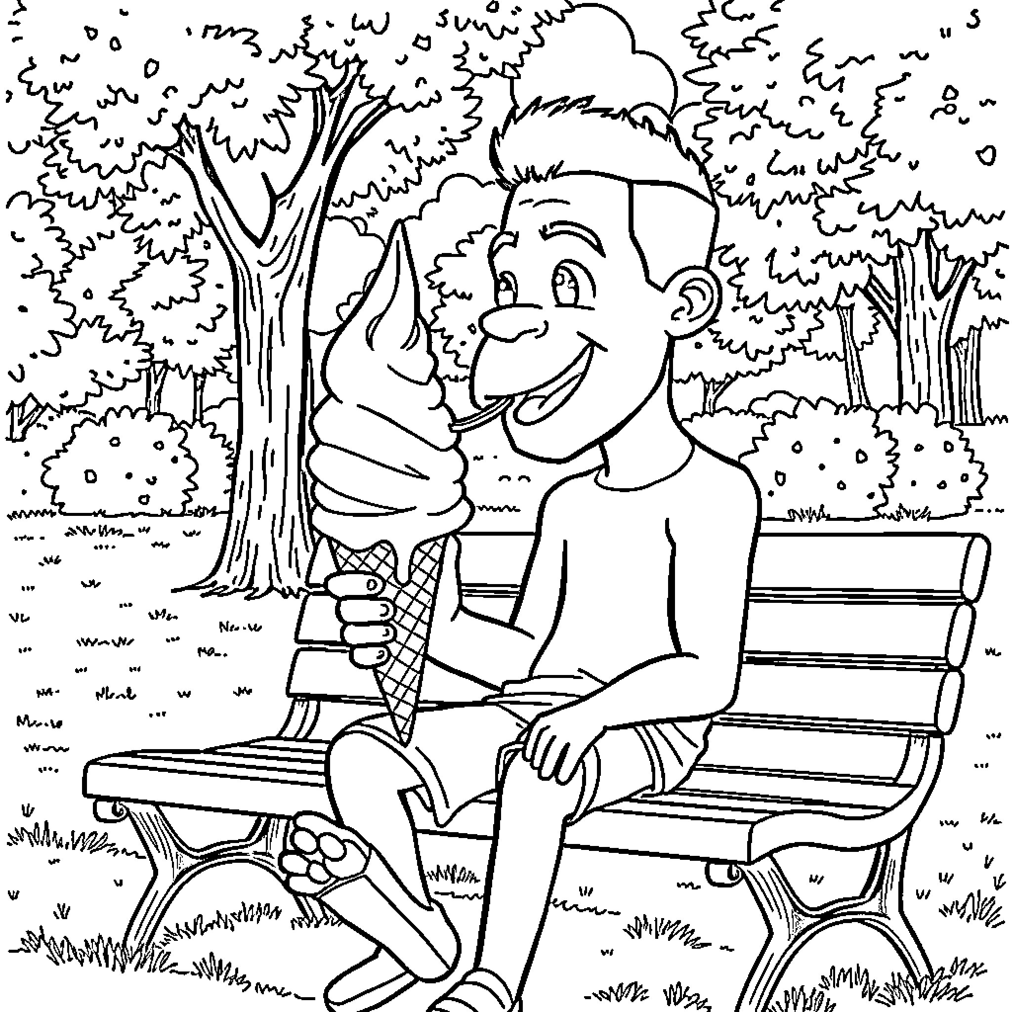 Mbappe relaxing on a bench in the park Coloring Page (free black-and-white line drawing printable PDF for all, from beginners to advanced learners, including children, teens, adults, and seniors)