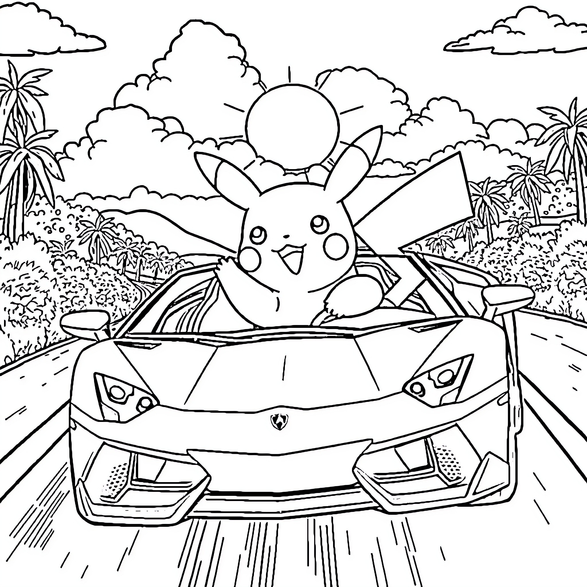 Pikachu driving a sports car on a tropical road Coloring Page (free black-and-white line drawing printable PDF for all, from beginners to advanced learners, including children, teens, adults, and seniors)
