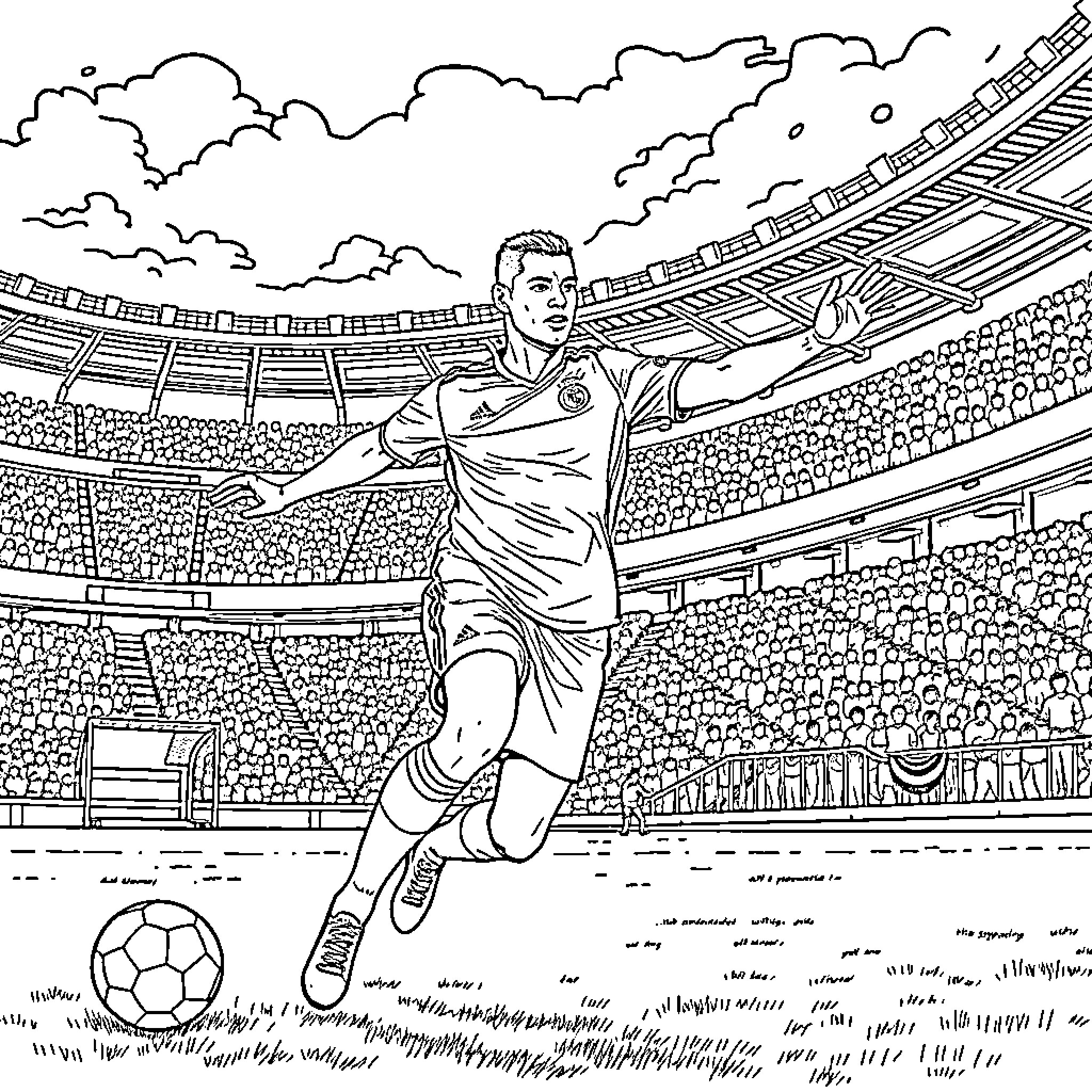 Ronaldo in action on the soccer field Coloring Page (free black-and-white line drawing printable PDF for all, from beginners to advanced learners, including children, teens, adults, and seniors)