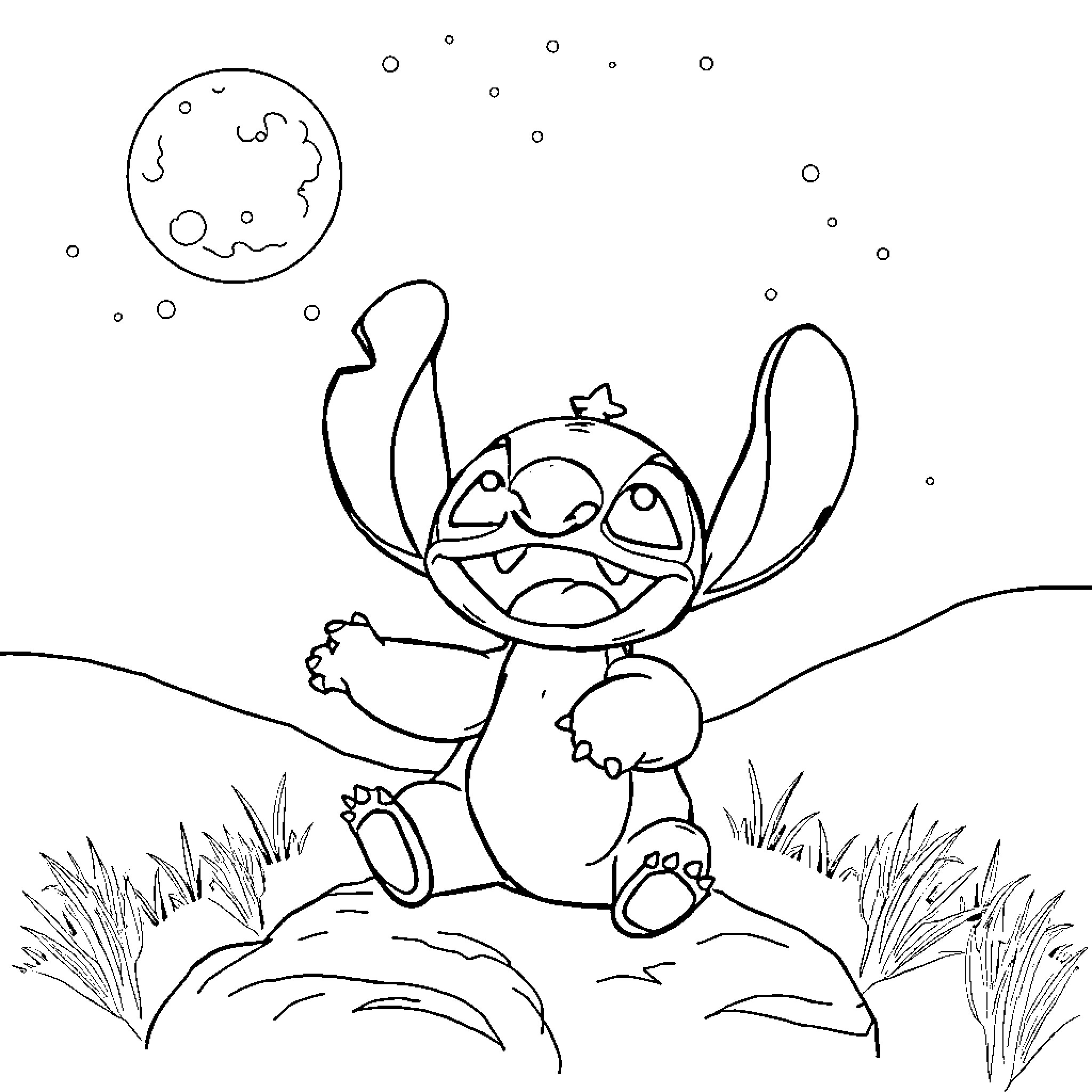 Stitch enjoys a starry night under the moon Coloring Page (free black-and-white line drawing printable PDF for all, from beginners to advanced learners, including children, teens, adults, and seniors)