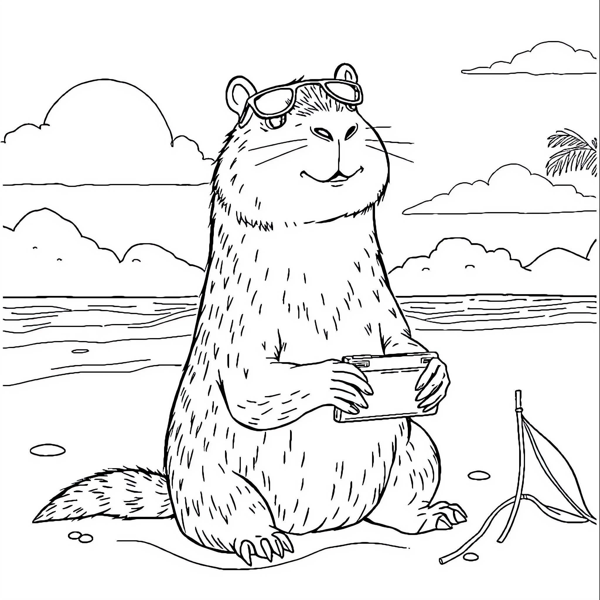 Capybara enjoying a summer day by the lake Coloring Page (free black-and-white line drawing printable PDF for all, from beginners to advanced learners, including children, teens, adults, and seniors)