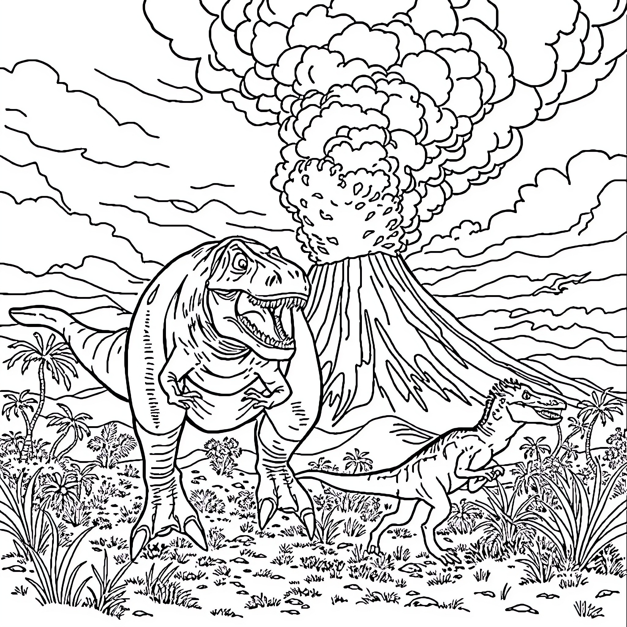 T-Rex Roaring Beside Erupting Volcano Coloring Page (free black-and-white line drawing printable PDF for all, from beginners to advanced learners, including children, teens, adults, and seniors)