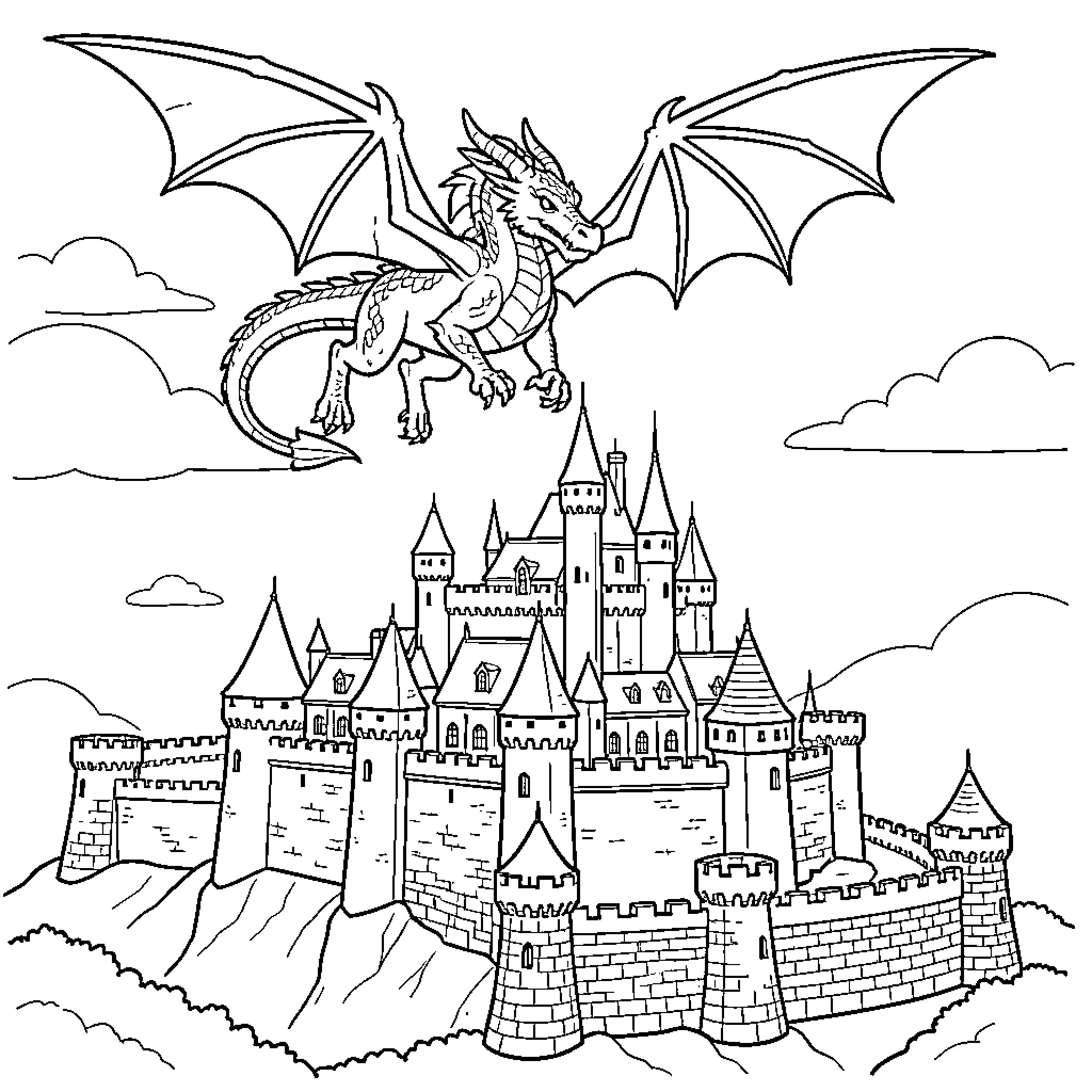 Dragon flying majestically over a large medieval castle Coloring Page (free black-and-white line drawing printable PDF for all, from beginners to advanced learners, including children, teens, adults, and seniors)