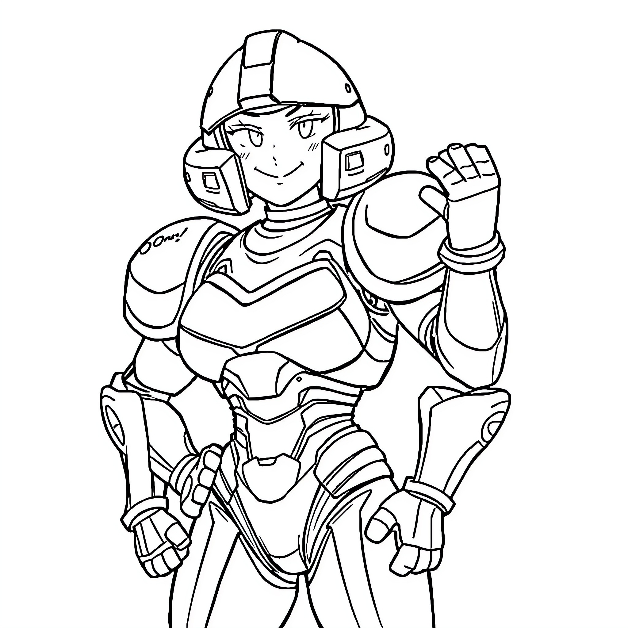Samus in heroic pose with futuristic armor Coloring Page (free black-and-white line drawing printable PDF for all, from beginners to advanced learners, including children, teens, adults, and seniors)