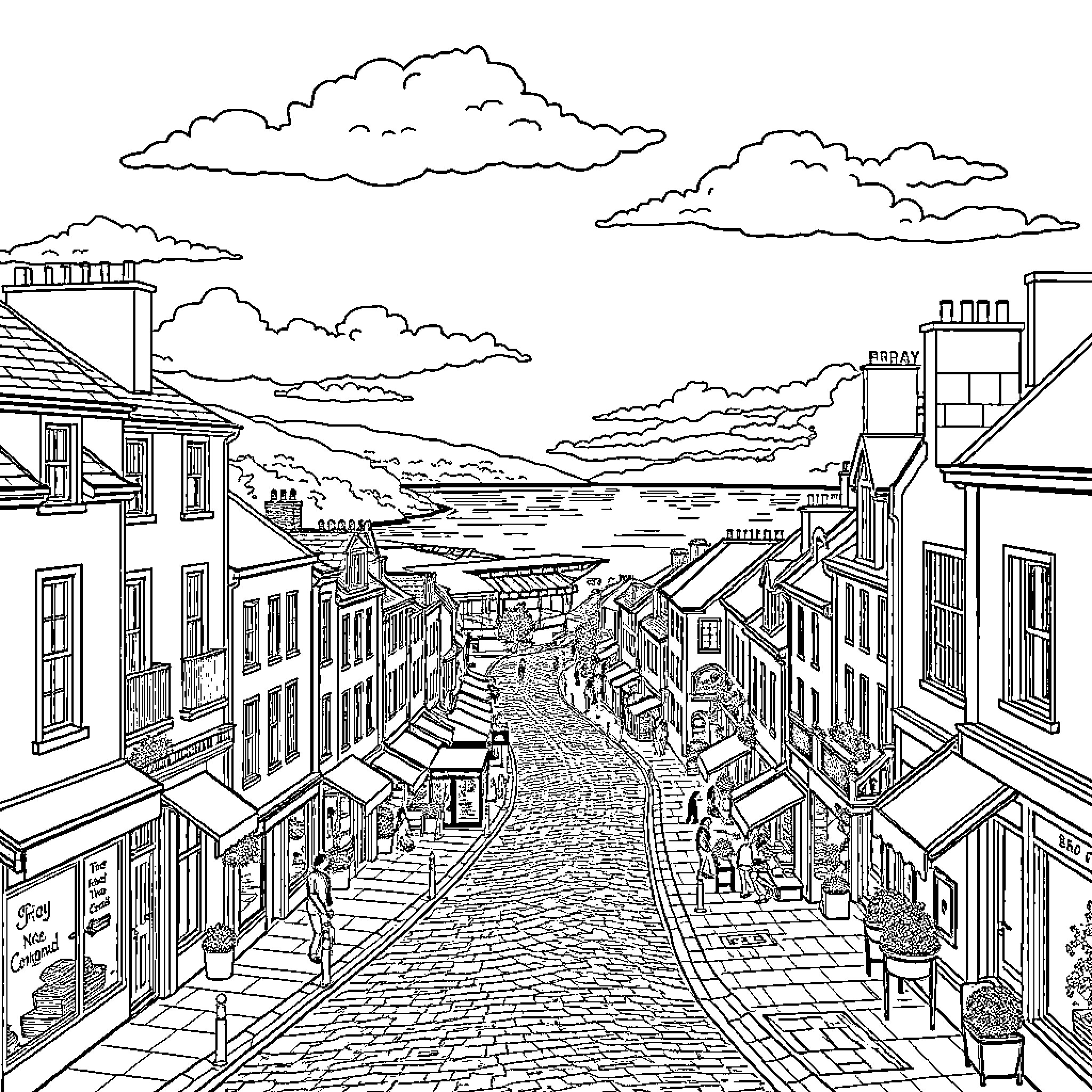 Bray scenic town with buildings, clouds, and pedestrians Coloring Page (free black-and-white line drawing printable PDF for all, from beginners to advanced learners, including children, teens, adults, and seniors)